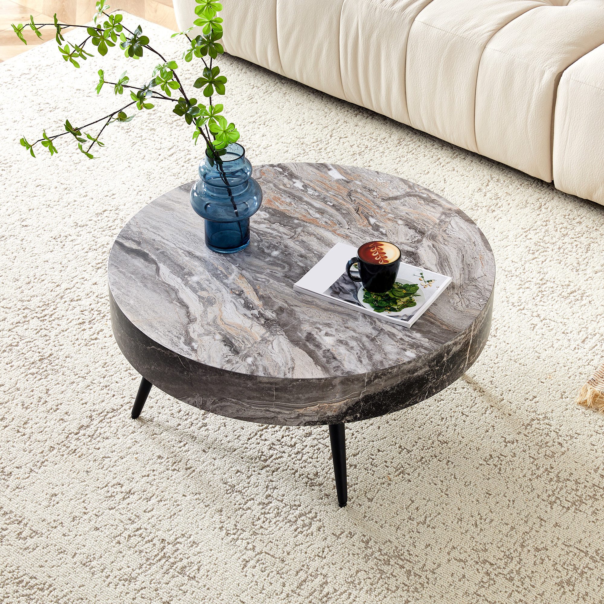 Odikalo Couchtisch Beistelltisch Kaffeetisch couchtisch rund (Runder Kaffeetisch mit 70 cm Durchmesser in grauer Marmoroptik (MDF) & schwarzen Metallbeinen. Minimalistisches Design, ideal für Wohnzimmer und kleine Räume)