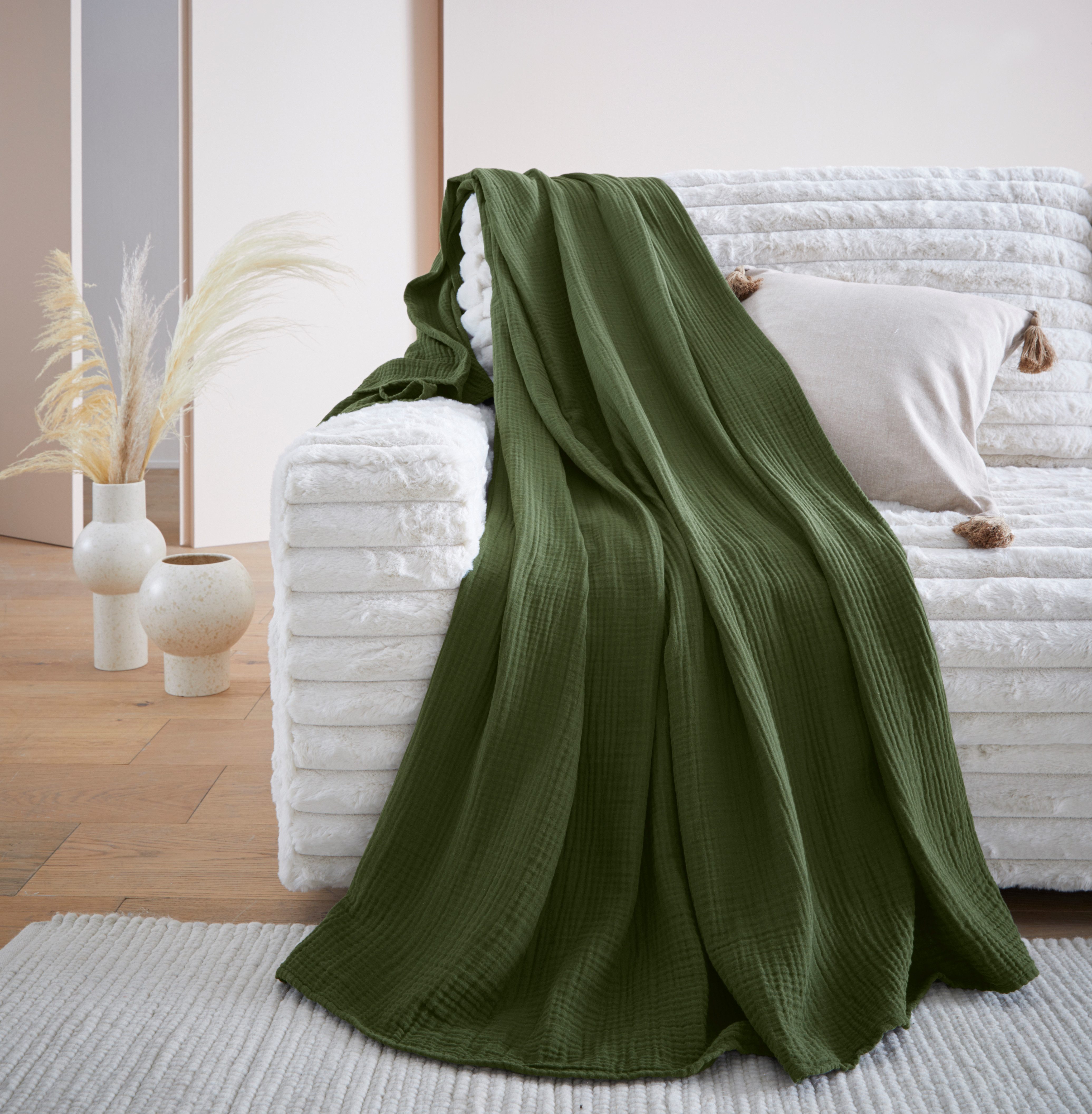 Wohndecke HEVIN, Musselin, 100% Baumwolle, Topseller!, LeGer Home by Lena Gercke, Tagesdecke im Baumwoll-Crinkle-Effekt, Musselin, Kuscheldecke – Bild 2 von 3