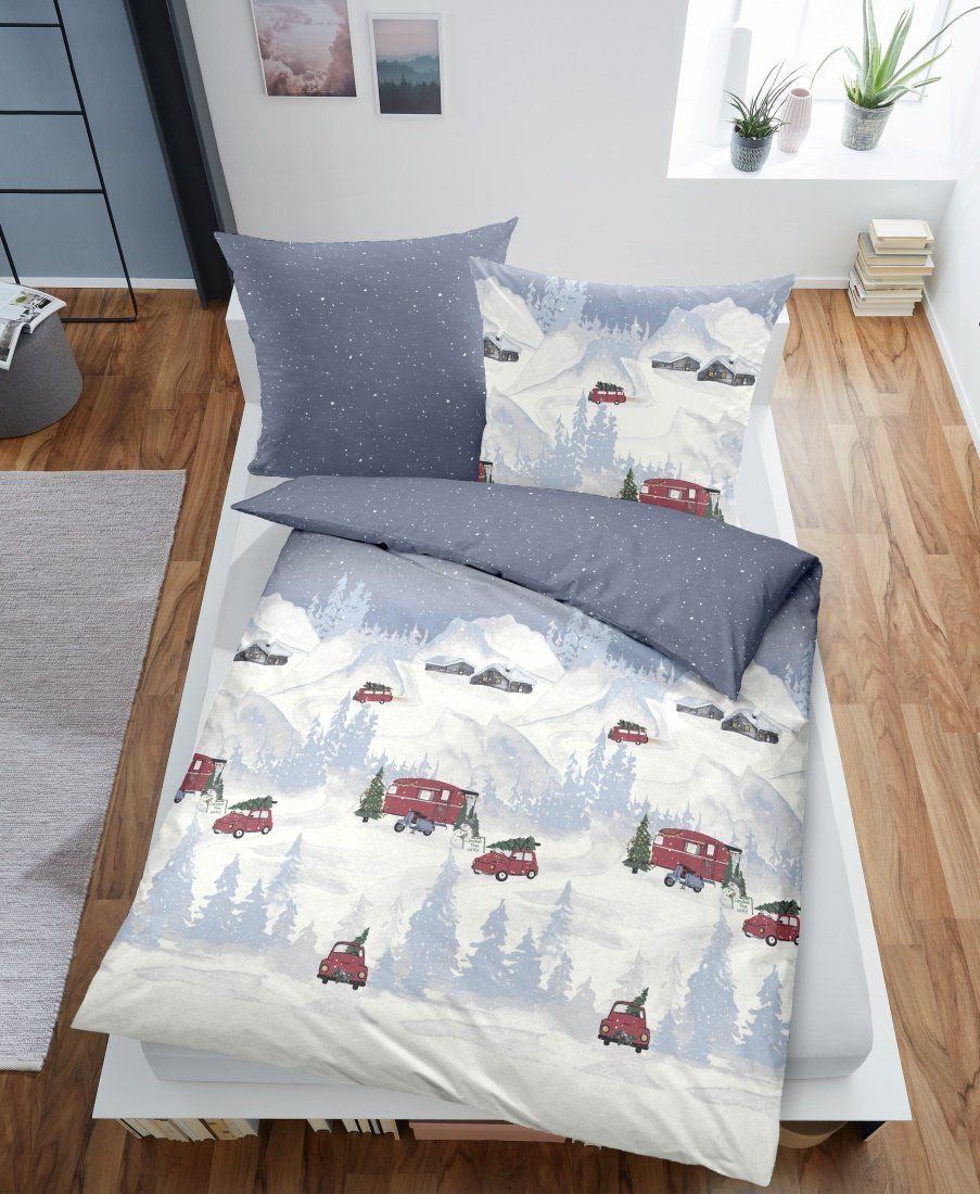 Bettwäsche Biber Bettwäsche-Set Weihnachten made in Germany, Dormisette, Biber, 2 teilig, verschneite Landschaft X-MAS Truck Bettwäsche-Set zum Wohlfühlen
