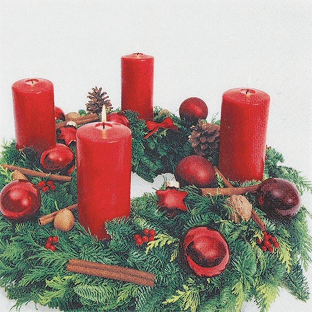 HOME FASHION Papierserviette 20 Servietten Advent Wreath - Adventskranz mit Kerzen 33x33cm, (20 St)