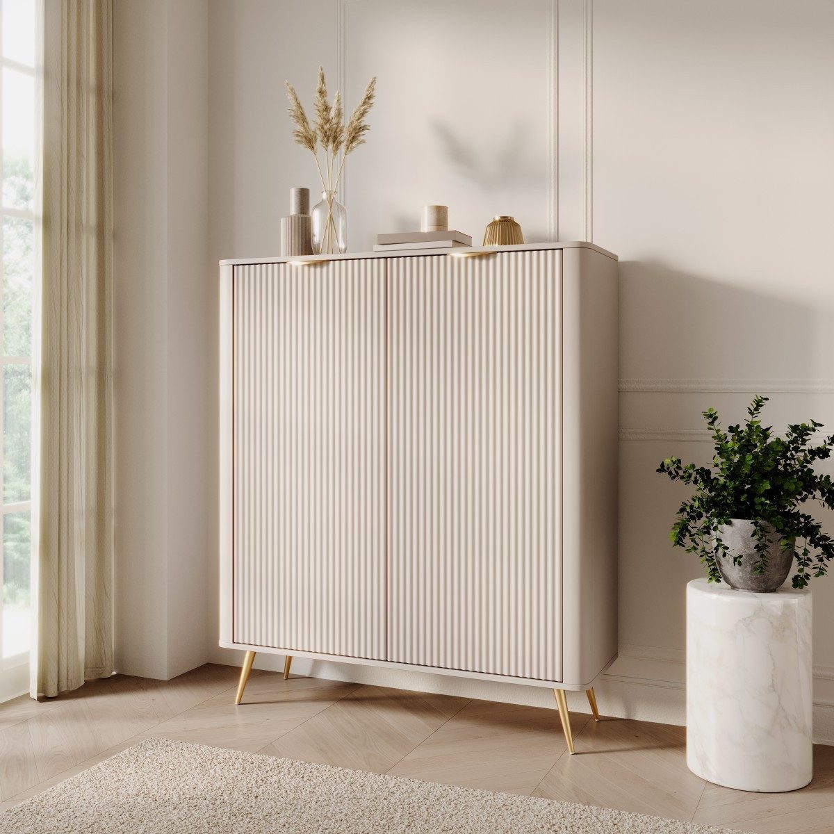 yourhouse24 Highboard Lante 2D Beige Kaschmir 113cm mit geriffelten Fronten (1 St., Ohne Dekoration)