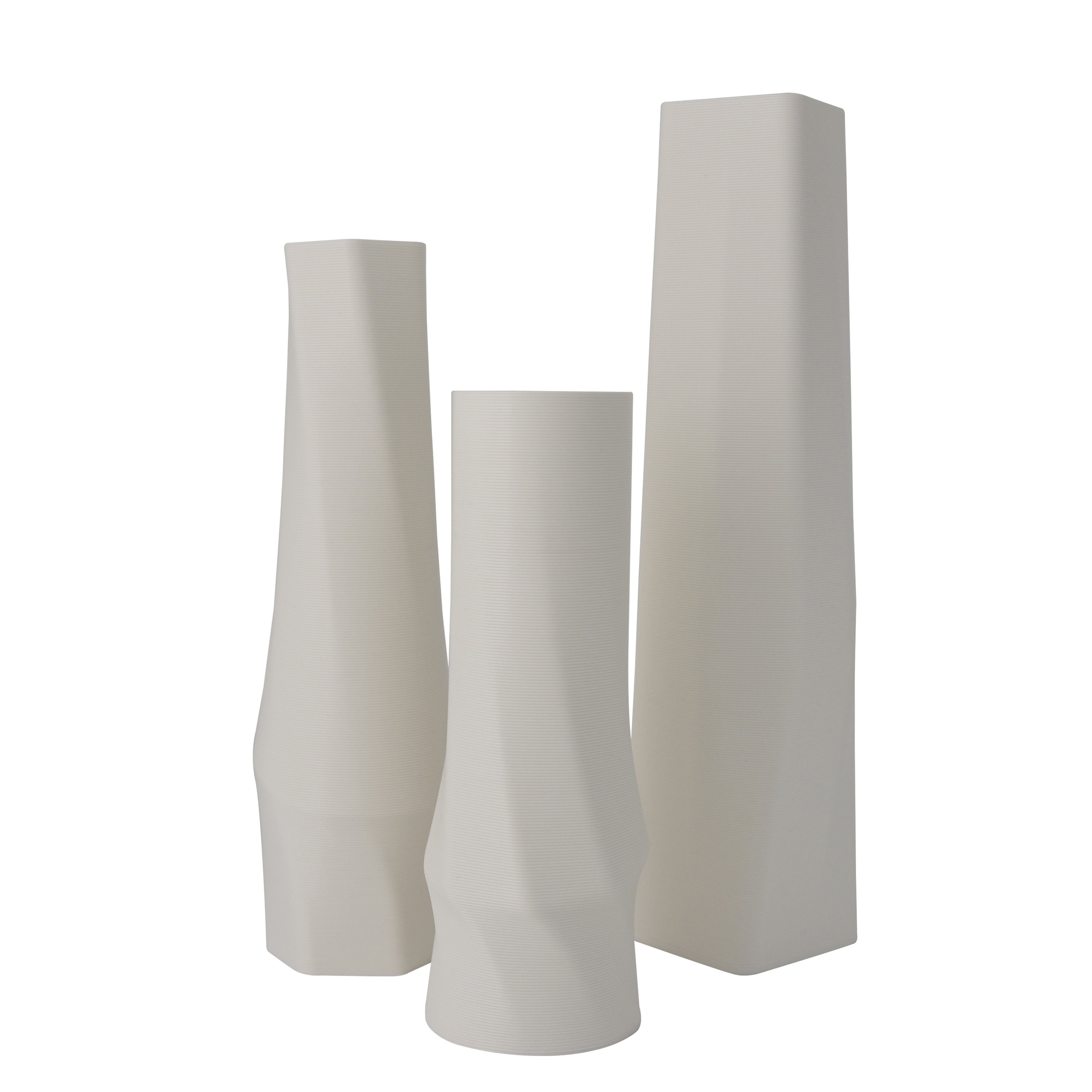 Shapes - Decorations Dekovase geometrio. (basic), 3D Vasen, 3er Set, 3D Dekovase, 100% 3D-Druck (3er Spar-Set, 3 Vasen in verschiedenen Größen), Wasserdicht; Leichte Struktur innerhalb des Materials (Rillung) Weiß
