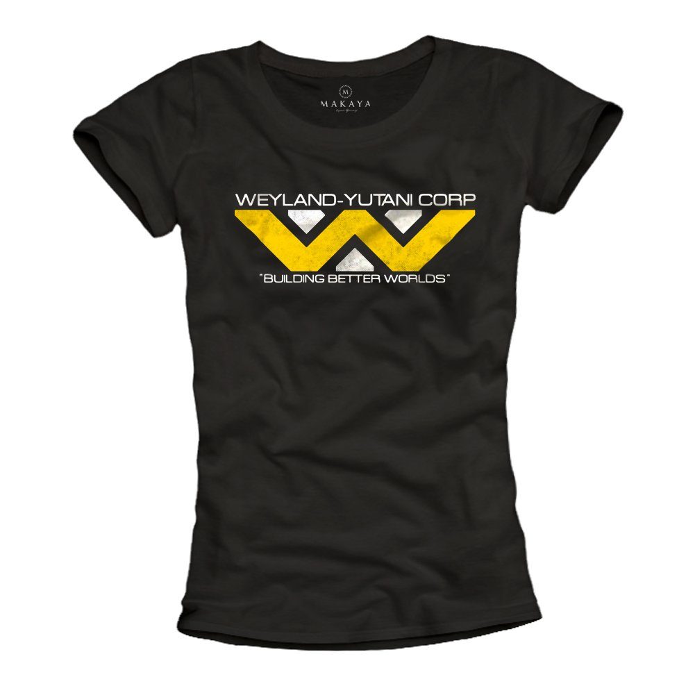 Print-Shirt Damen Schwarz Kurzarm Top Alien Motiv Weyland Corp Frauen Top Aufdruck