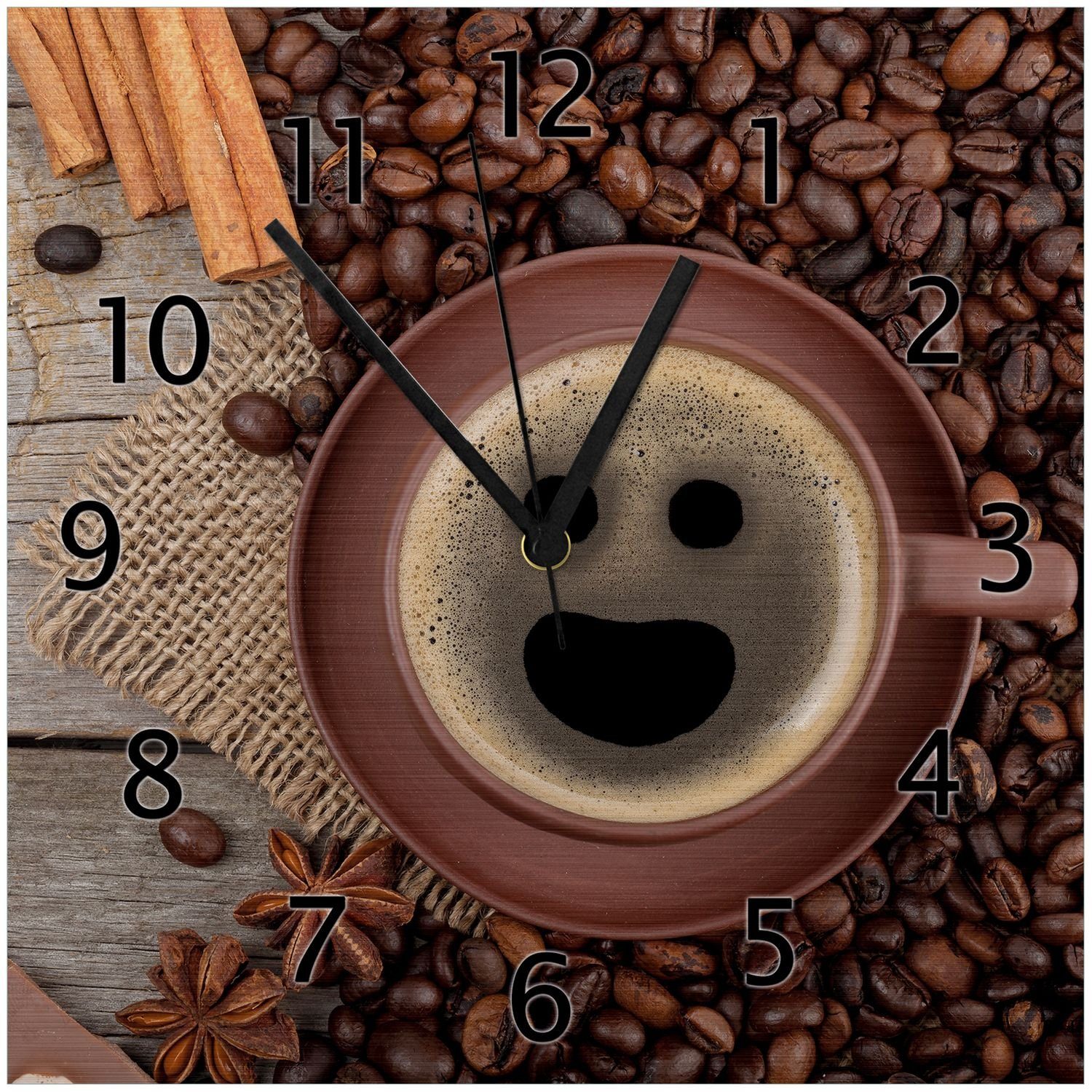 Lächeln einem Wallario - (Aluverbunduhr) und Kaffeetasse Zimt Kaffeebohnen mit Wanduhr Lustige