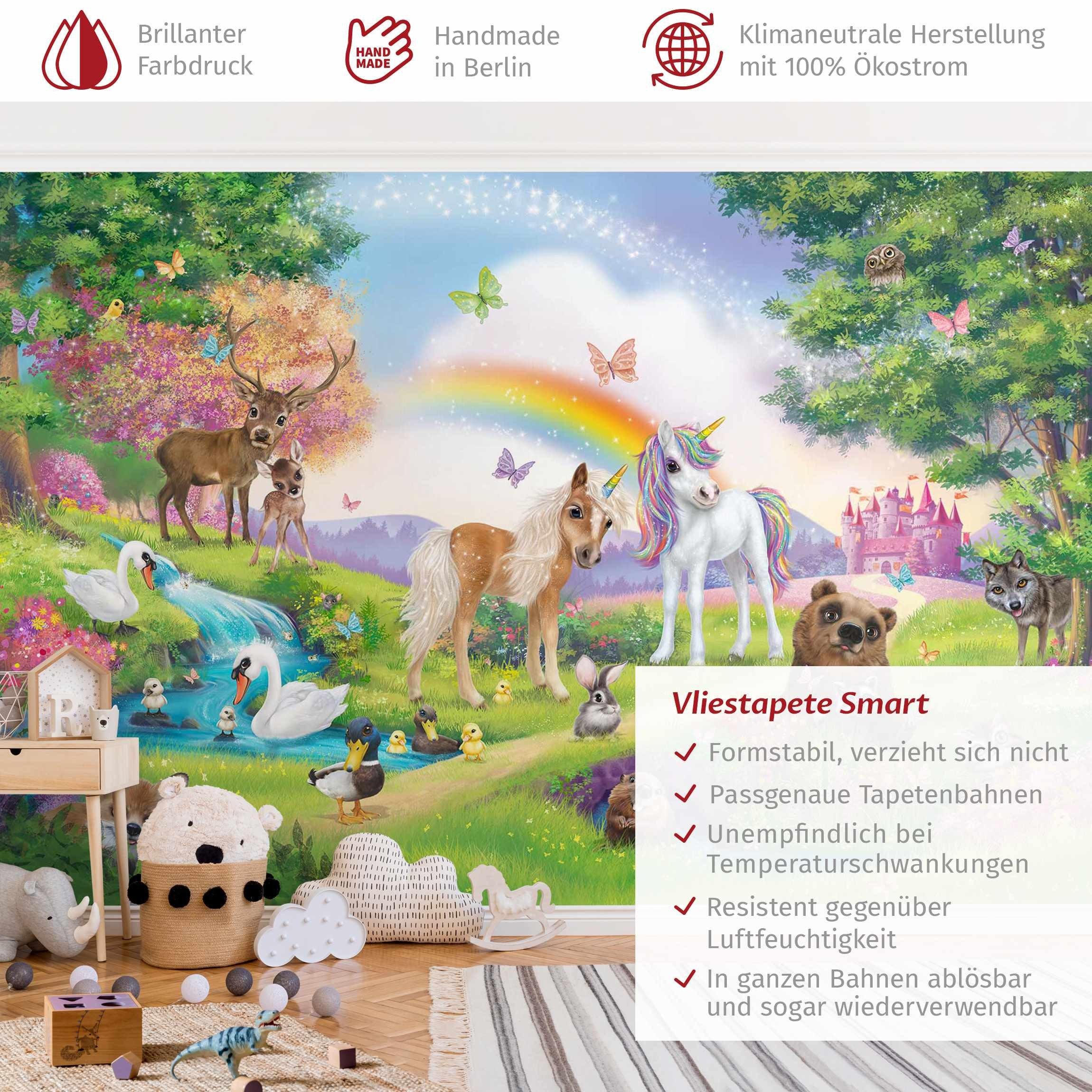 Bilderdepot24 Kindertapete Kinderzimmer Zauberwald mit Einhorn Kinder Wanddeko Regenbogen, Glatt, Matt, (Vliestapete inkl. Kleister oder selbstklebend), Mädchenzimmer Jungenzimmer Babyzimmer Bildtapete Fototapete Wandtapete
