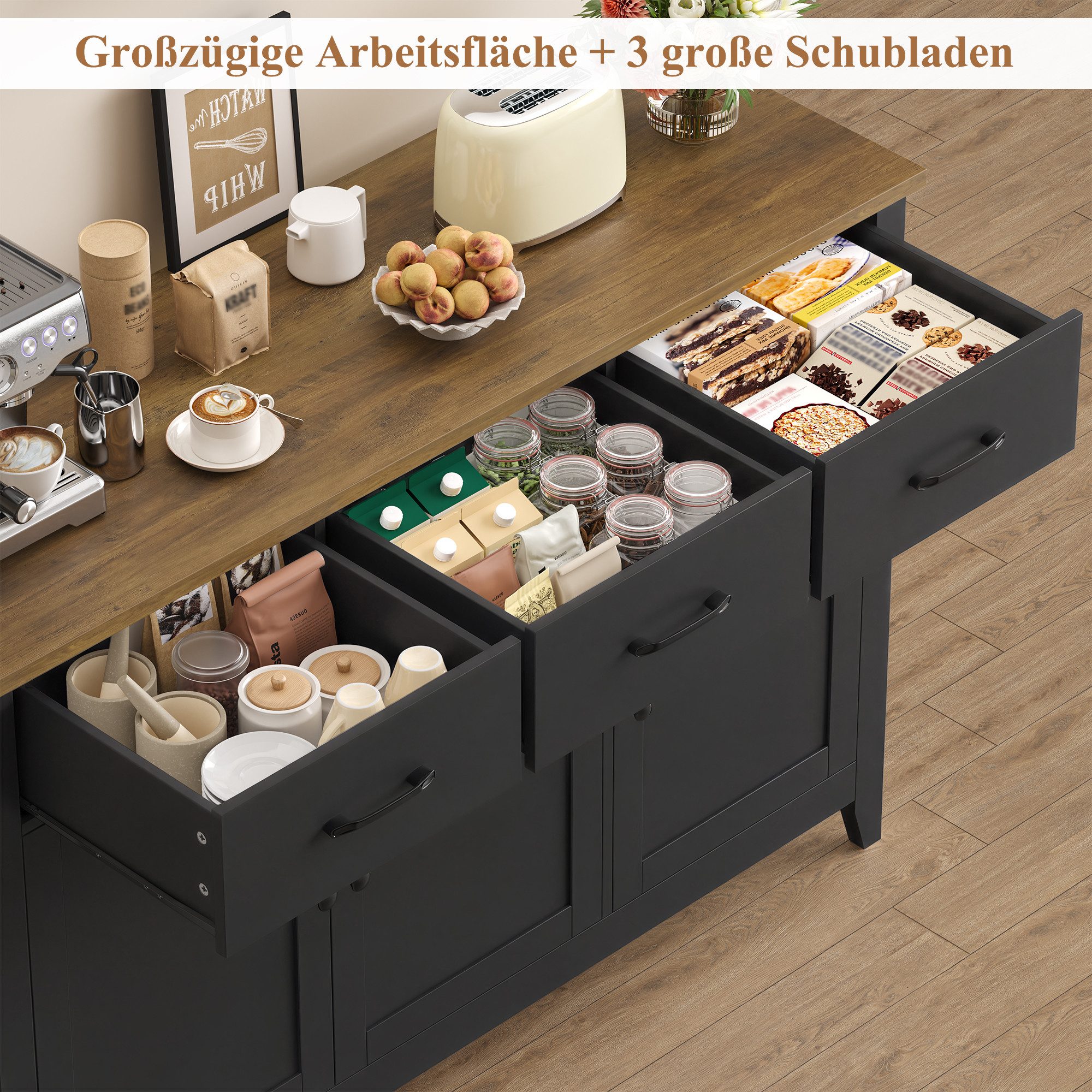 HOMECHO Sideboard, 120 cm Küchenschrank mit verstellbarem Regal, 3 Schubladen