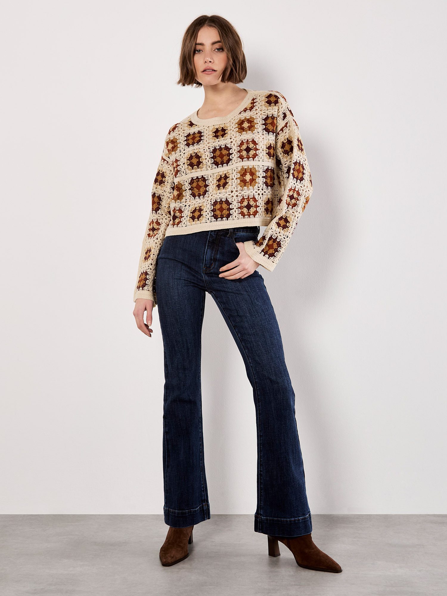 Apricot Strickpullover Häkelpullover (1-tlg) mit quadratischem günstig online kaufen
