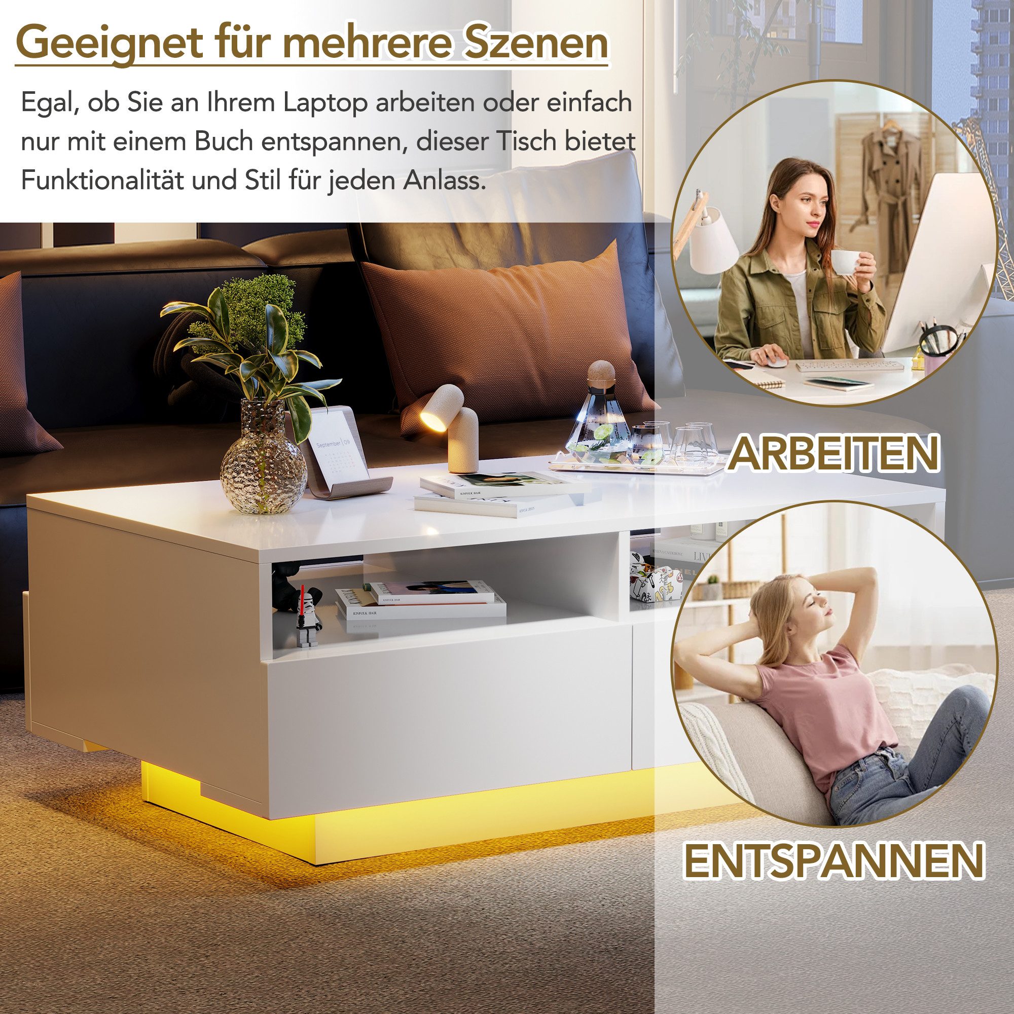 Merax Couchtisch mit Schubladen und Stauraum inkl. LED, Wohnzimmertisch hoc günstig online kaufen