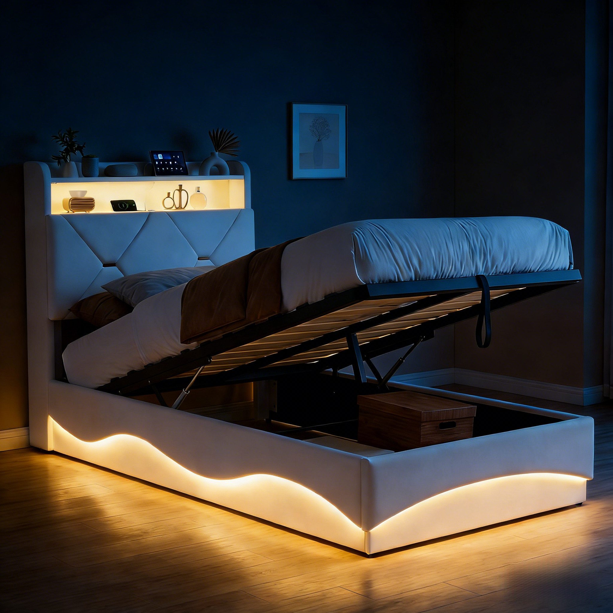 PXloue Polsterbett LED Doppelbett, Bettkasten, Ladefunktion, Samt, 90x200 cm