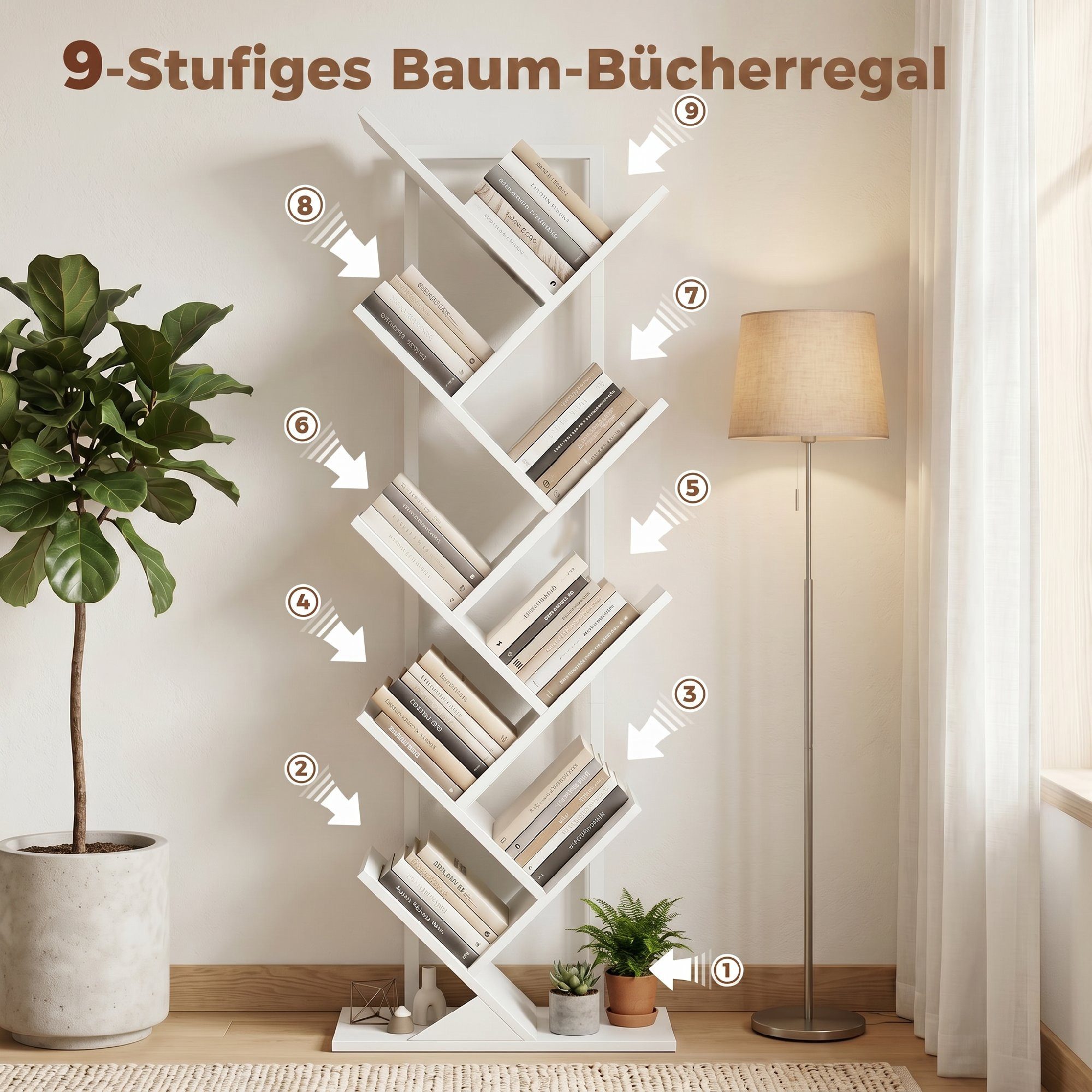 HOMCOM Bücherregal Baumform Aufbewahrungsregal, Raumteiler 1-tlg., Baumdesign, viel Stauraum, Kippschutz – Bild 4 von 5