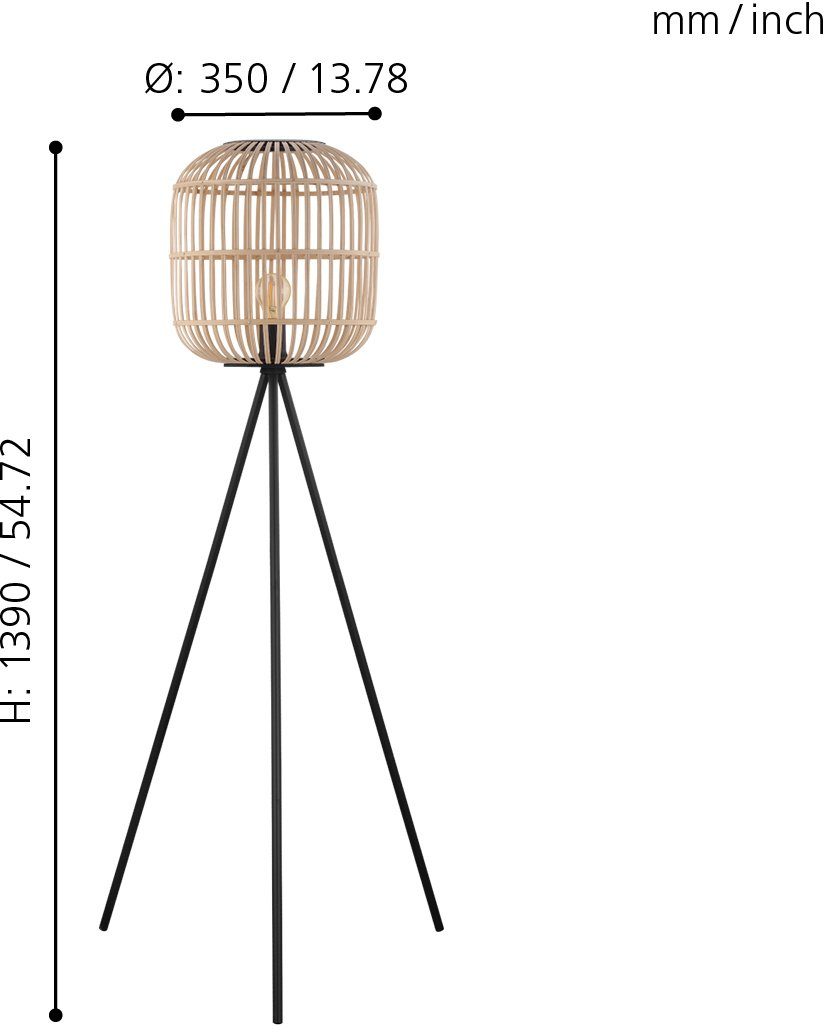 EGLO Stehlampe BORDESLEY Stehlampe, Vintage, Stahl und Holz, E27, Wohnzimmerlampe, Ein-/Ausschalter, ohne Leuchtmittel, Flur, Wohnzimmerlampe, H139 x Ø35 cm, schwarz, natur, 1X28W exkl.