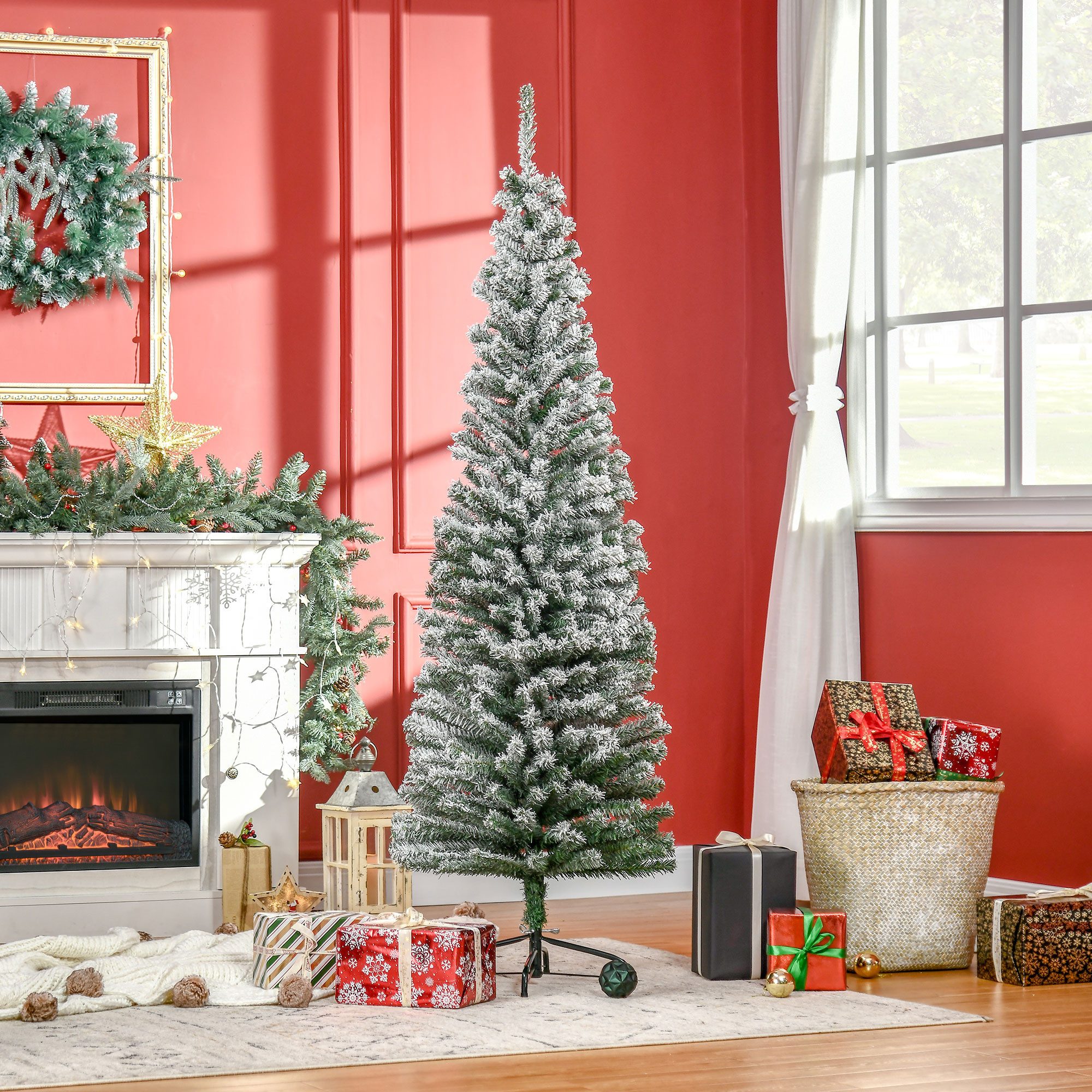 HOMCOM Künstlicher Weihnachtsbaum Bleistift Kiefernbaum 738 Spitzen Beflockter Christbaum, Künstlicher Weihnachtsbaum, Weihnachtsdeko inkl. Metallständer für drinnen