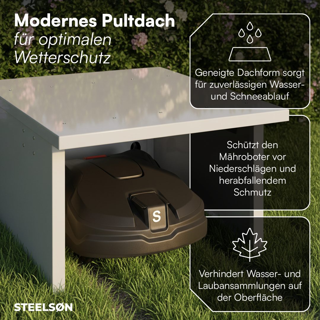 STEELSØN Mähroboter-Garage Drakon mit aufklappbarem Pultdach, BxTxH: 77x90x53,5 cm, für gängige Rasenmähroboter, (Silber, Mähroboterhaus aus Metall, wetterfest), Rasenmäher Unterstand, mit Kabeldurchlass