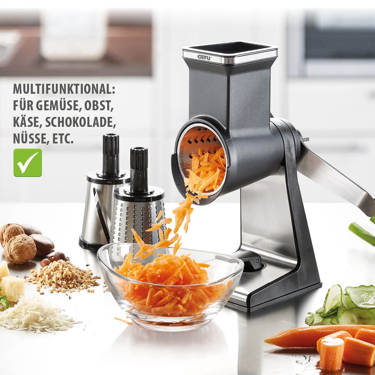 GEFU Käsereibe Trommelreibe TRANSFORMA® Reibemühle Gemüsehobel Ed – Bild 3 von 5