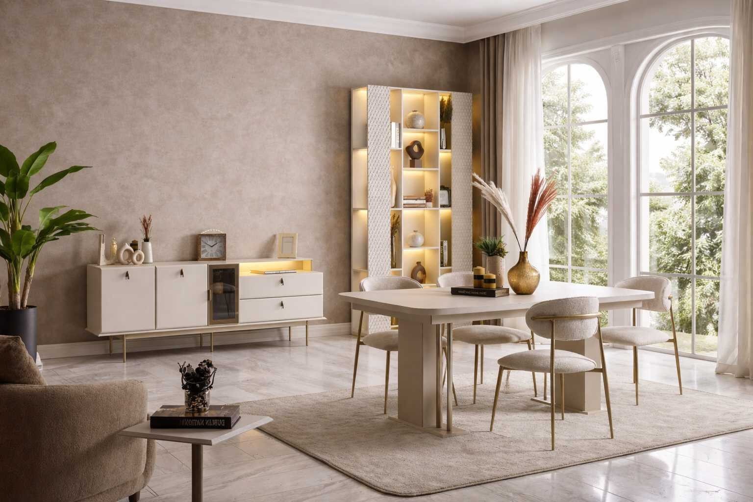 Xlmoebel Esstisch Moderner Esstisch mit Stühlen und Sideboard aus Holz in Beige (Esstisch-Set, 6-teilig), Made in Europa