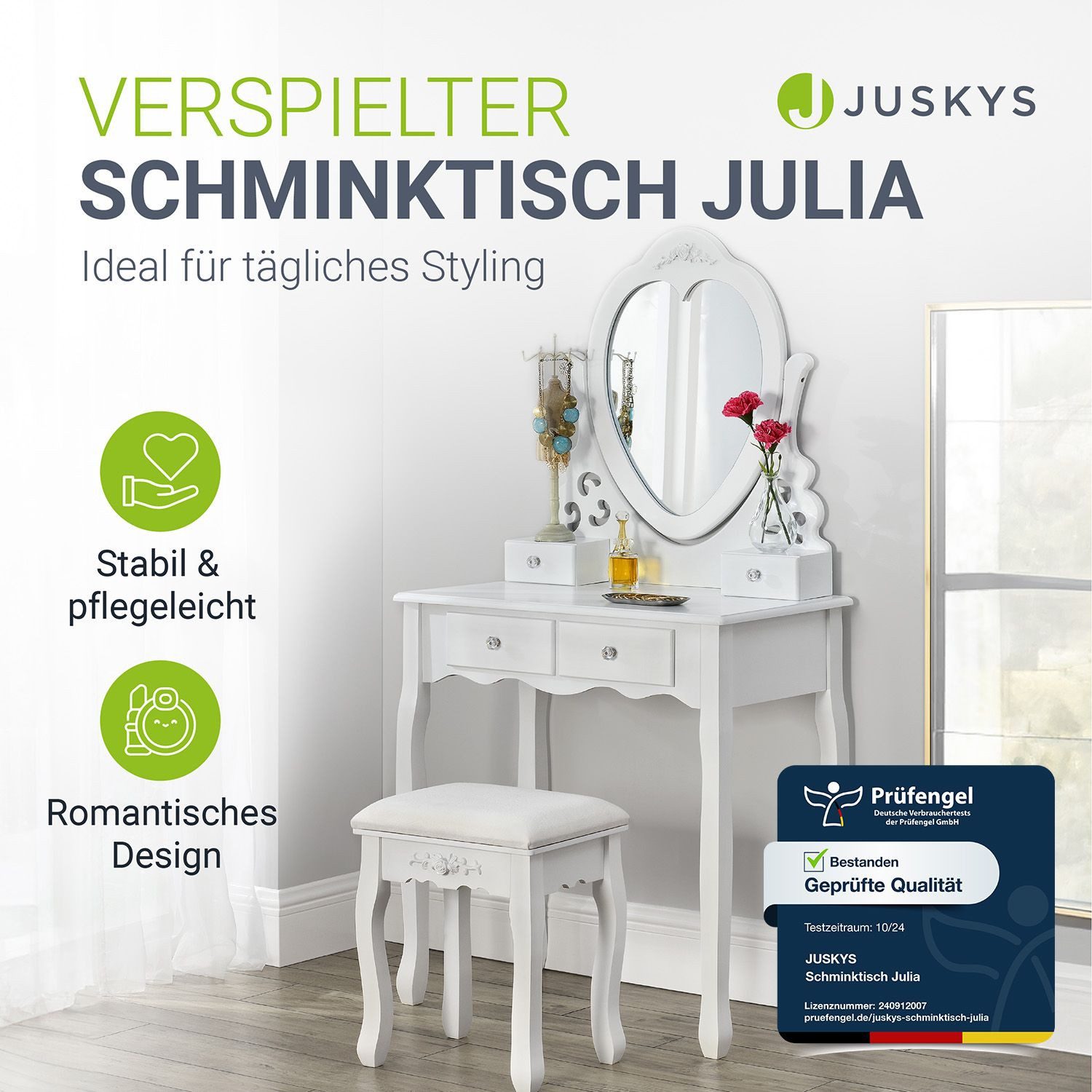 Juskys Schminktisch Julia, kratzfeste Oberfläche, 4 Schubladen, gepolsterte günstig online kaufen