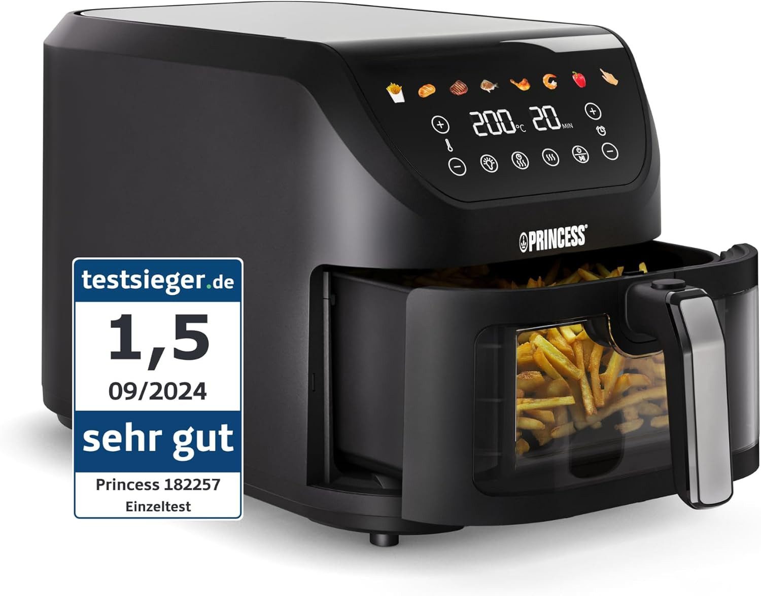 PRINCESS Heißluftfritteuse 182257, 2000 W, SlimFry, 8L, Großer Korb, Leise, PFAS-frei