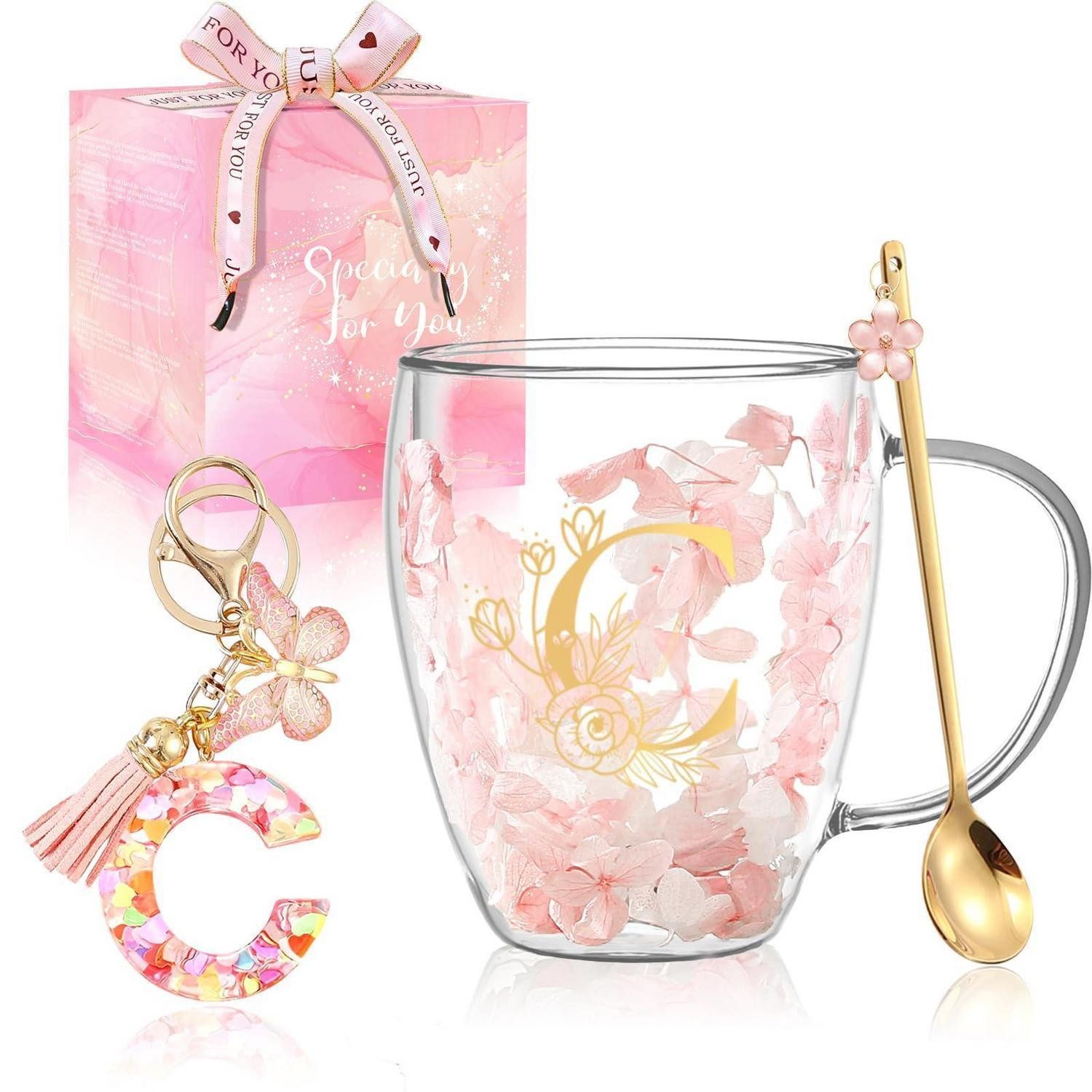 LuxusKollektion Latte-Macchiato-Tasse Latte Macchiato Glas mit Buchstabe C, Blumen & Schlüsselanhänger, Glas