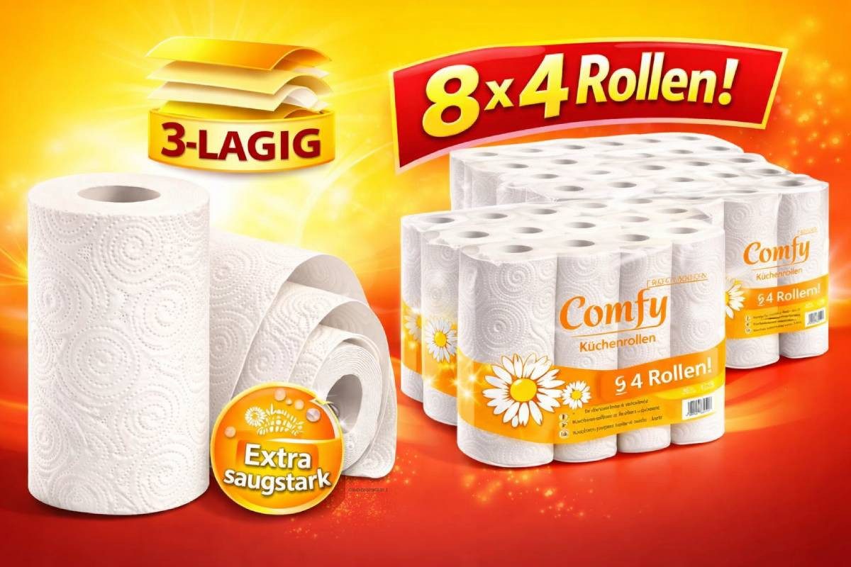 PACKEO Papierküchenrolle Küchenrollen 32 Rollen – 3-lagig, Saugstark & Reißfest (8×4) (64-St. 2 Packungen)
