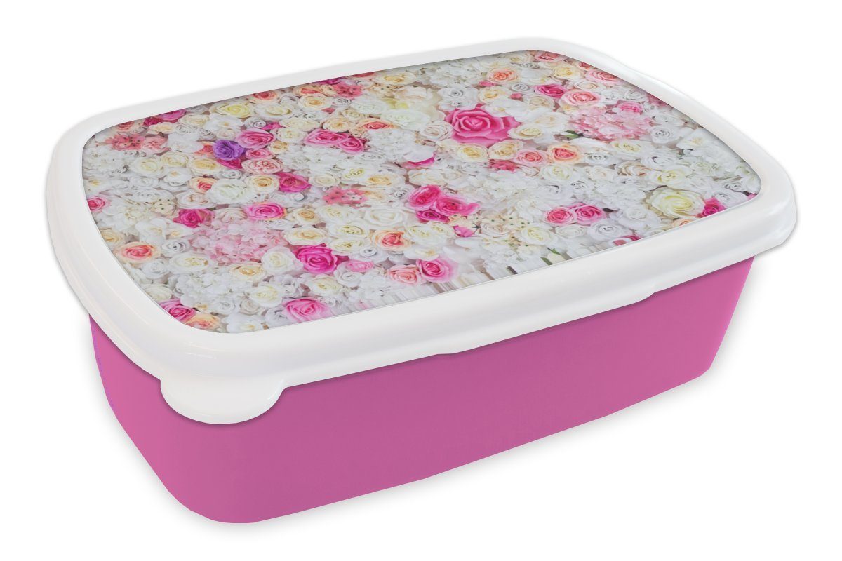 MuchoWow Lunchbox Rosen - Blume - Farben, Kunststoff, (2-tlg), Brotbox für Erwachsene, Brotdose Kinder, Snackbox, Mädchen, Kunststoff rosa