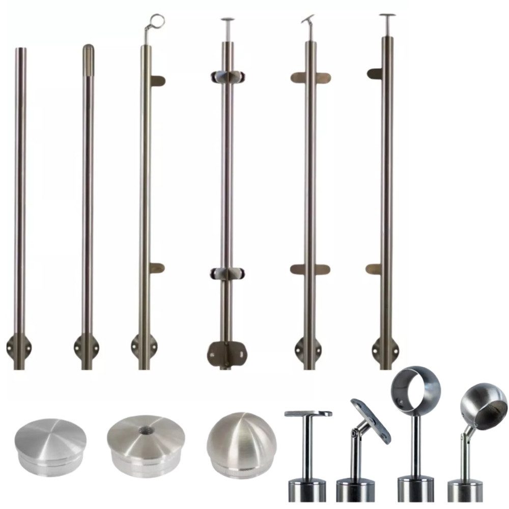 StahlFux Handlauf Bürstungsgeländer Geländerpfosten Glashalter, 90 cm Gesamtlänge, (Spar-Set, 1 St., mit Glashalter), Montage mit geradem Stift oder Gelenkstift für Treppen und Steigungen