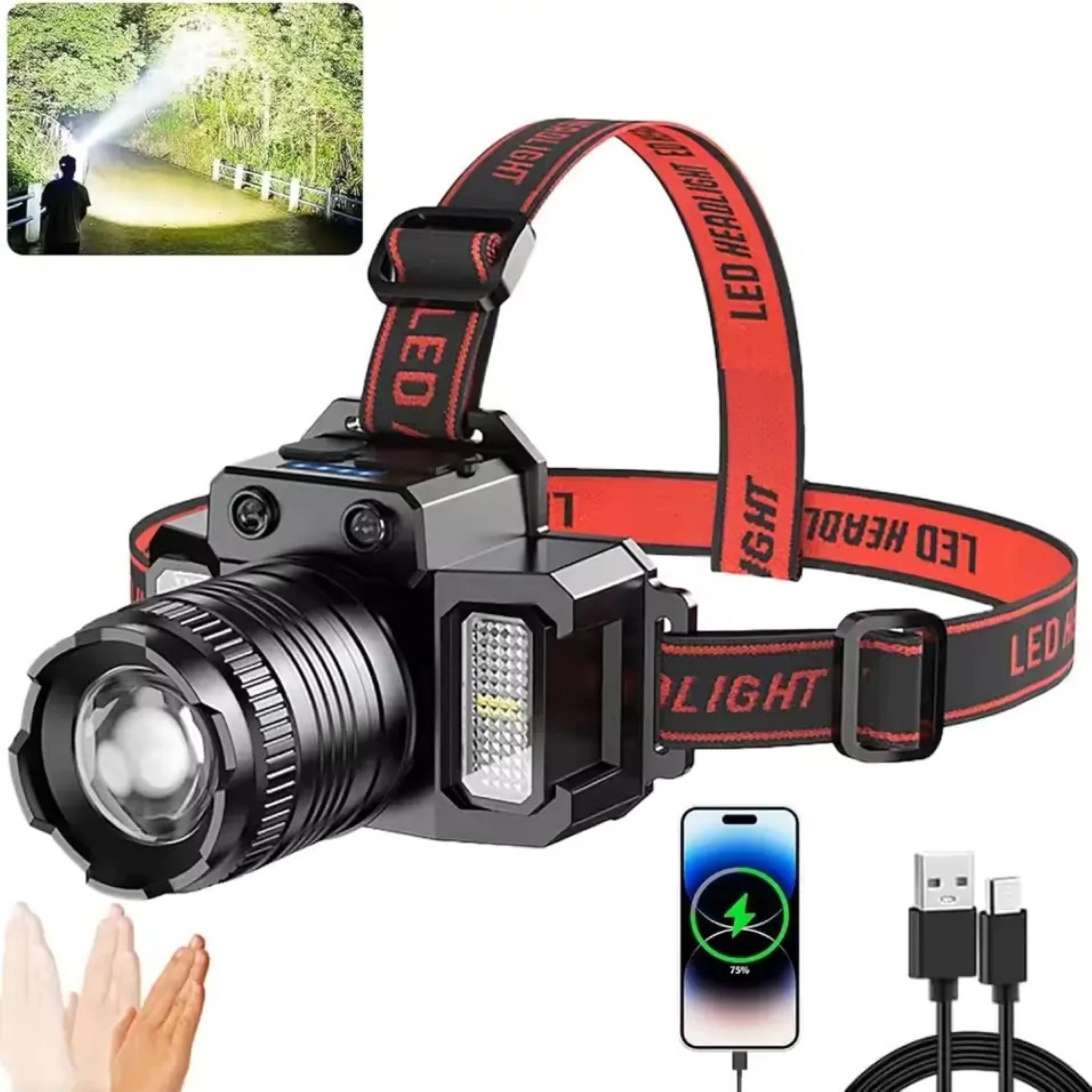 GENETIC System LED Stirnlampe LED Stirnlampe USB mit Bewegungssensor Zoom IPX4 Outdoor Akku (Stirnlampe LED Set Outdoor mit Sensor Zoom und Akku USB, LED Stirnlampe Set mit USB-C Kabel Stirnband Sensor Outdoor), Bewegungssensor Zoom IPX4 USB-C Akku Powerb