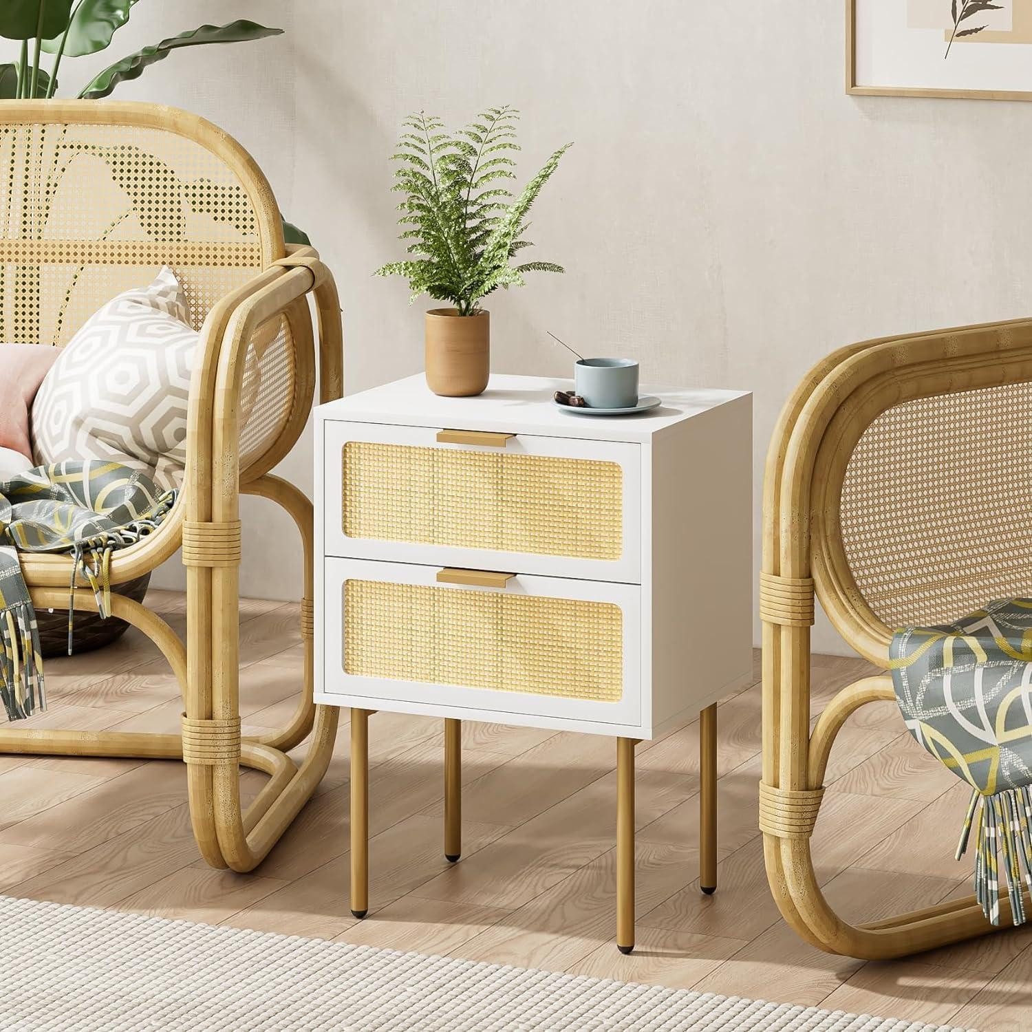 Nachttisch Rattan Nachttisch mit 2 Schubladen, Weiß-Gold, für Schlafzimmer und