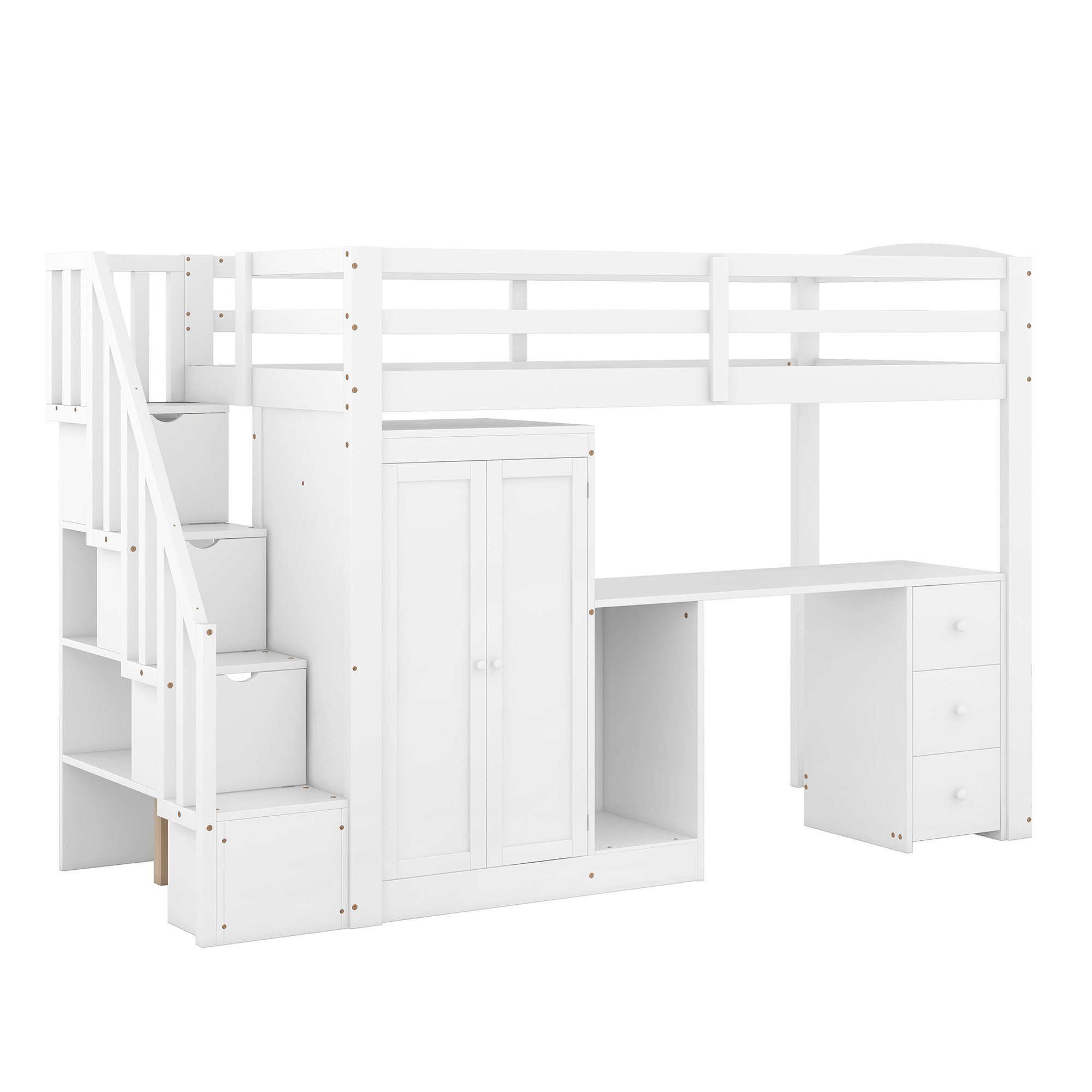 Hochbett Kinderbett Flieks 90x200cm Kiefer & mit Kleiderschrank Schreibtisch