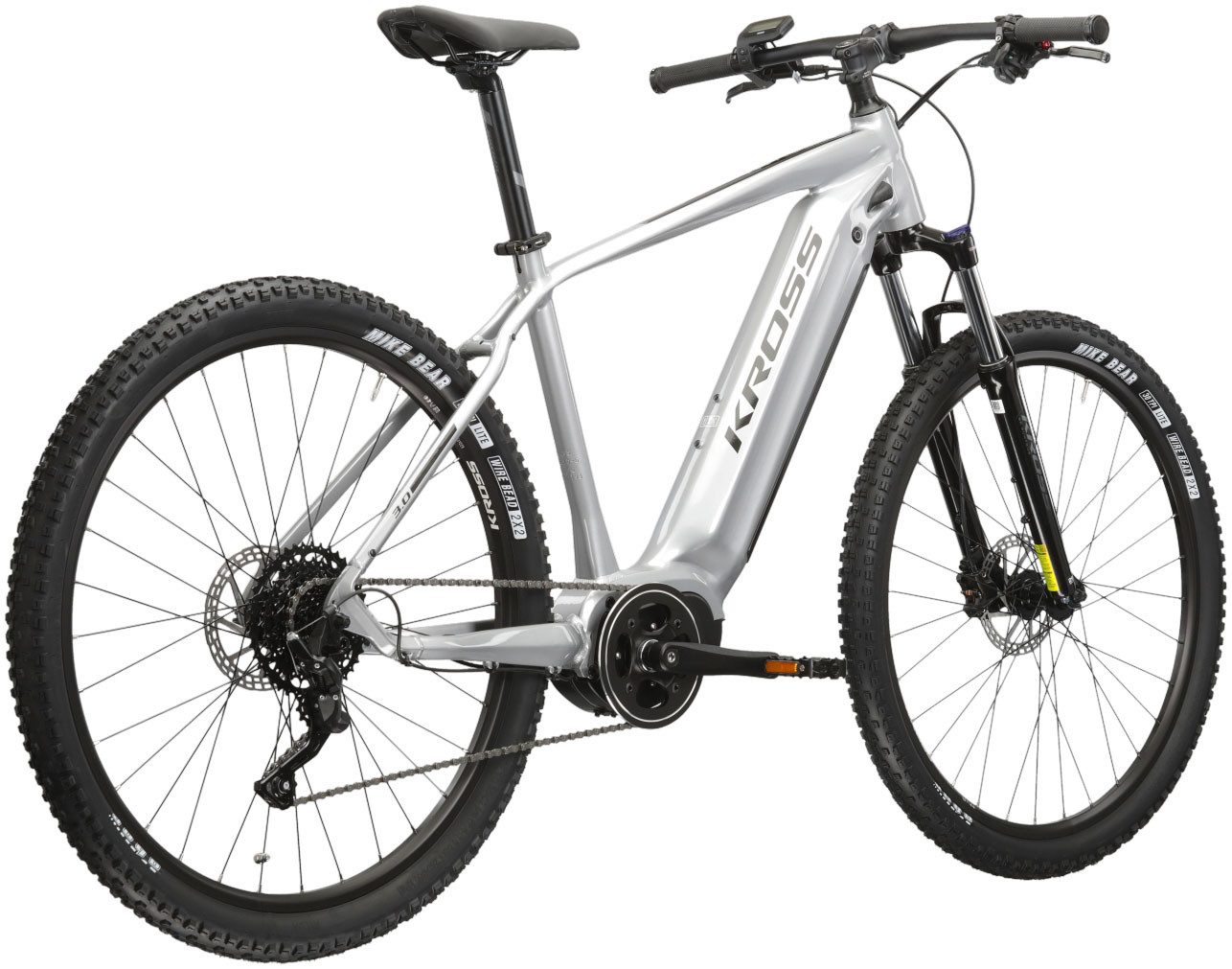 Kross E-Bike Mountainbike E-MTB Hexagon Boost 3.0 29 Zoll silberfarben, 8 Gang microSHIFT ACOLYTE M5185M Schaltwerk, Kettenschaltung, Mittelmotor, 576 Wh, Pedelec, Elektrofahrrad für Damen und Herren, MTB