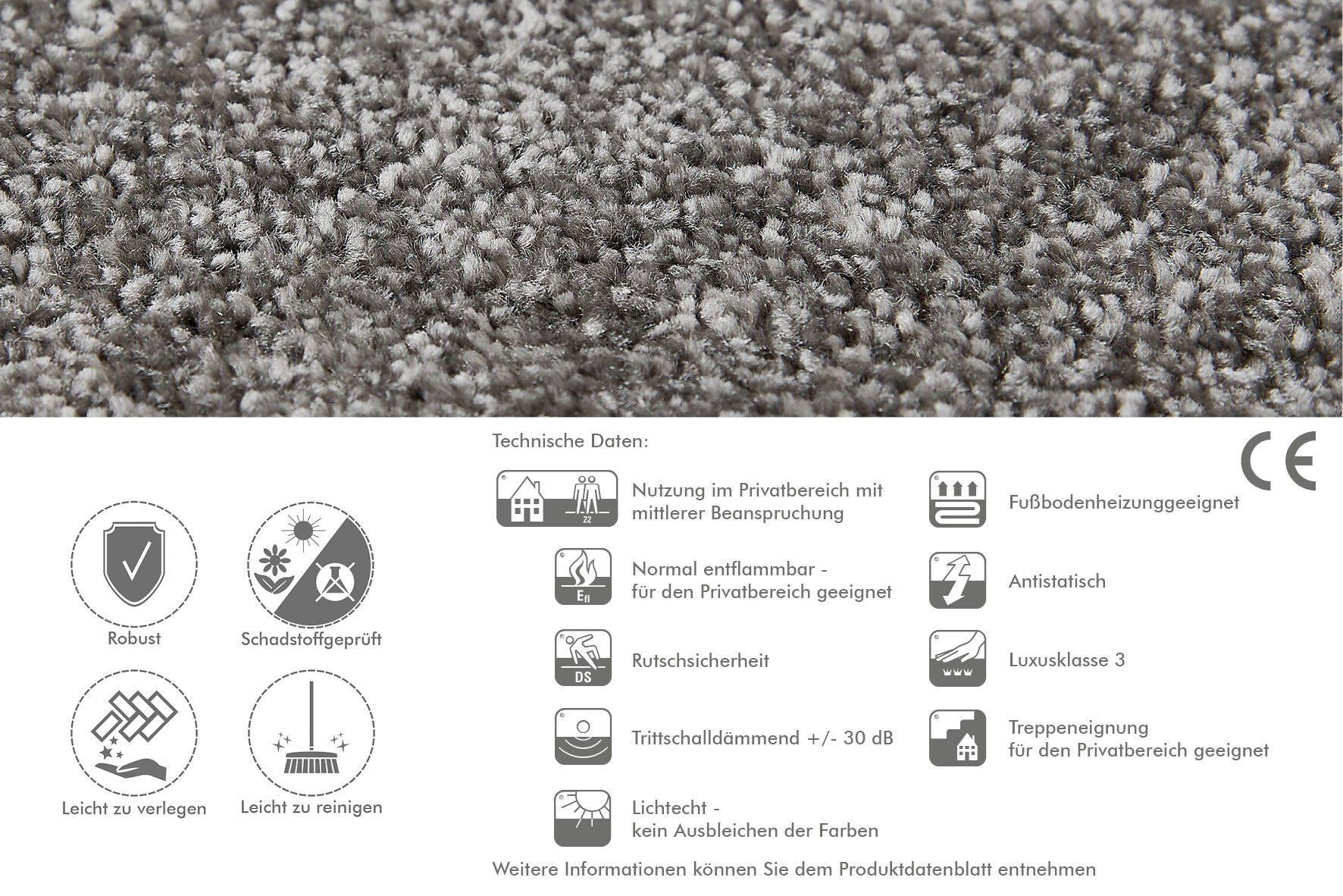 rechteckig, 14 mm, Rennes, Farben, Uni 400 Coupon Teppichboden pflegeleicht Andiamo, Breite oder 500 strapazierfähig, Höhe: cm, grau cm Frisee-Velours