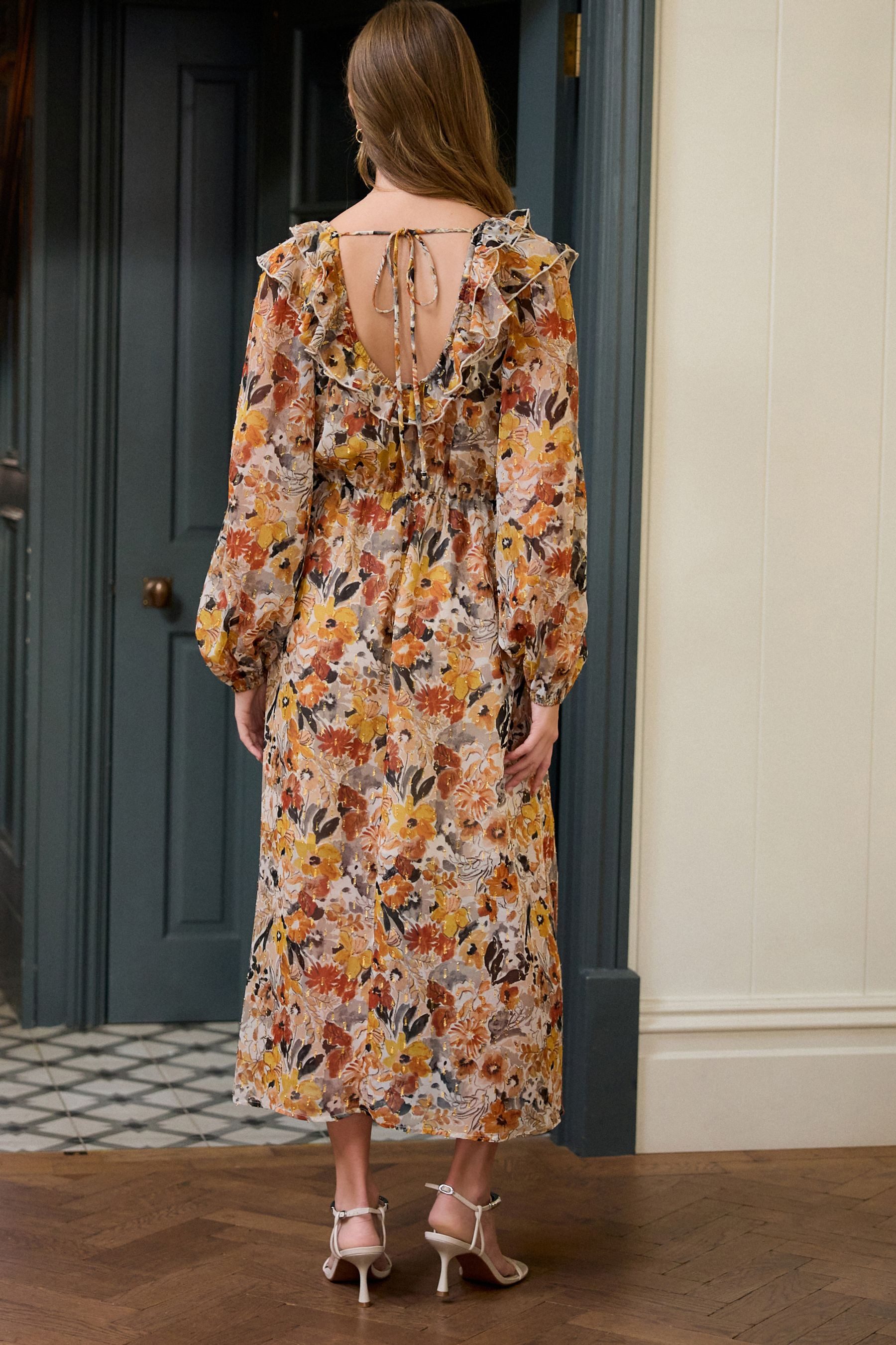 Next Midikleid Langärmeliges, gerüschtes Midikleid mit günstig online kaufen