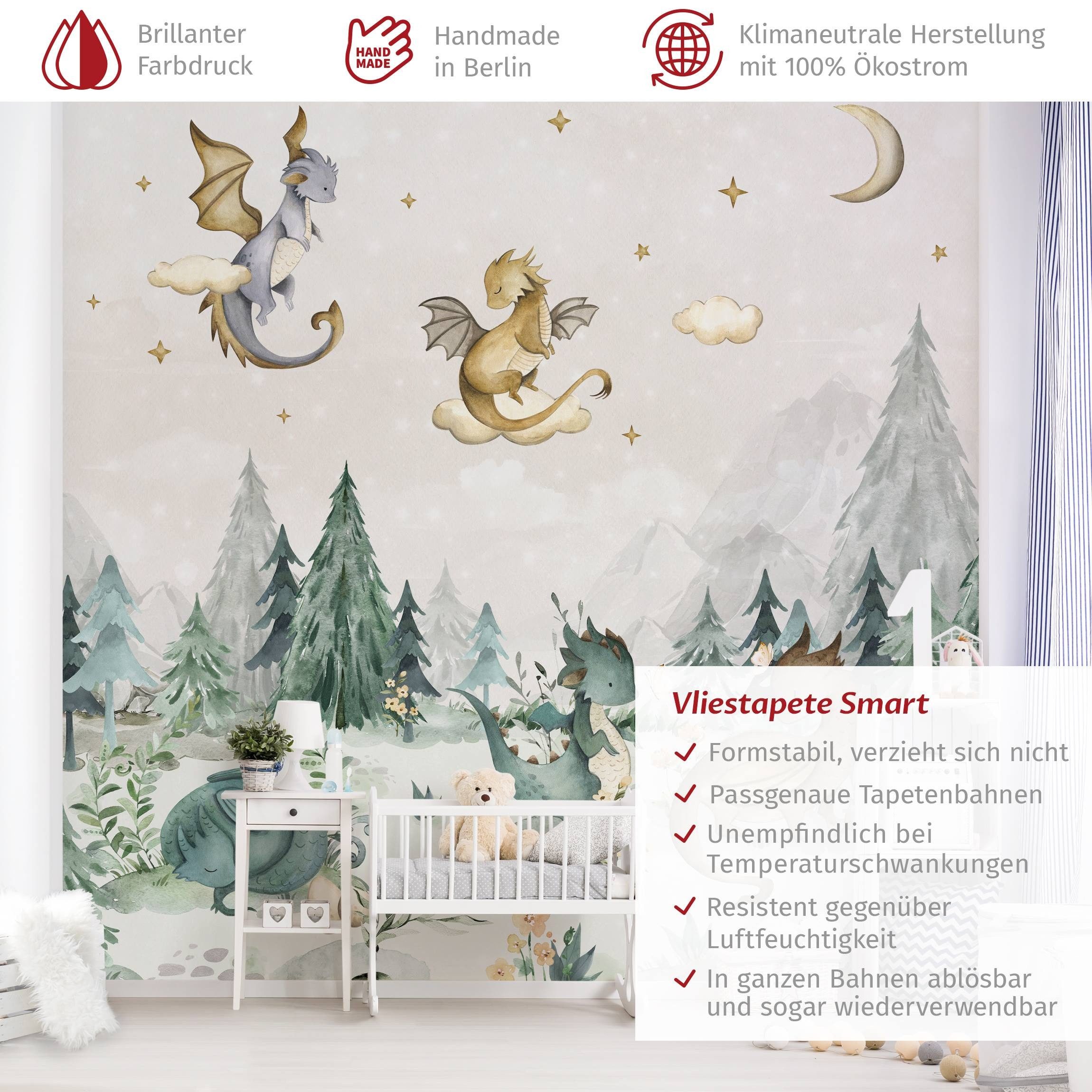 Bilderdepot24 Kindertapete Drachen Aquarell Wald Illustration günstig online kaufen