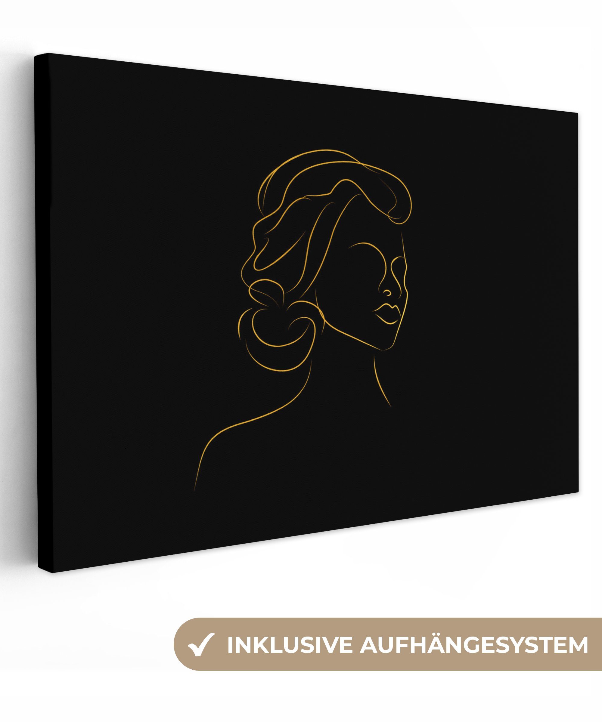 OneMillionCanvasses® Leinwandbild Frau - Schwarz - Gold - Strichzeichnung, (1 St), Wandbild Leinwandbilder, Aufhängefertig, Wanddeko, 30x20 cm