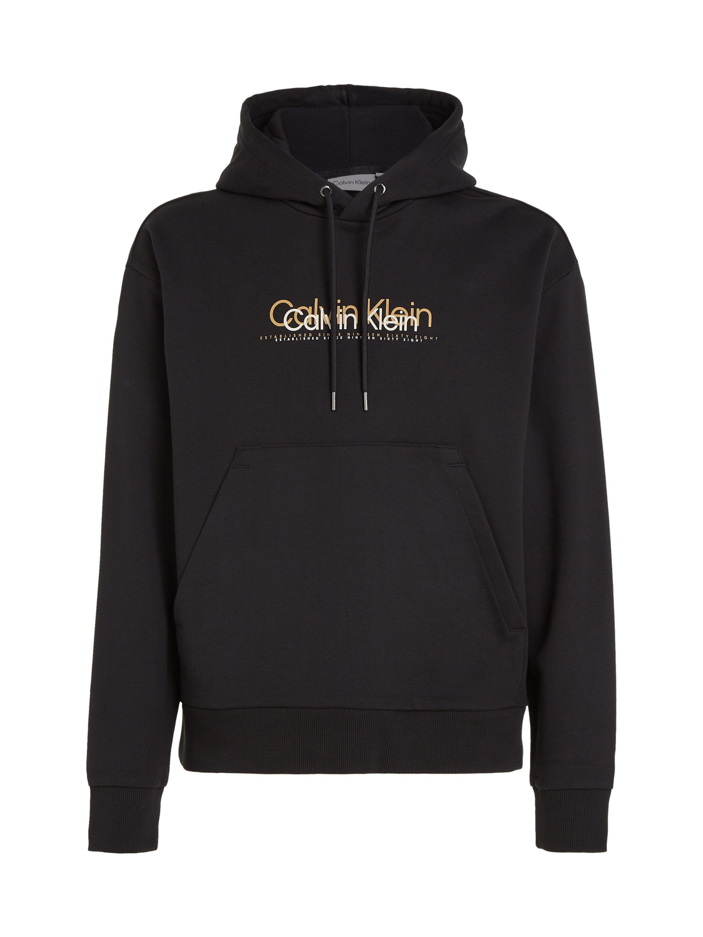Black LOGO Ck Calvin FLOCK Klein DOUBLE HOODIE mit Kapuzensweatshirt Markenlabel