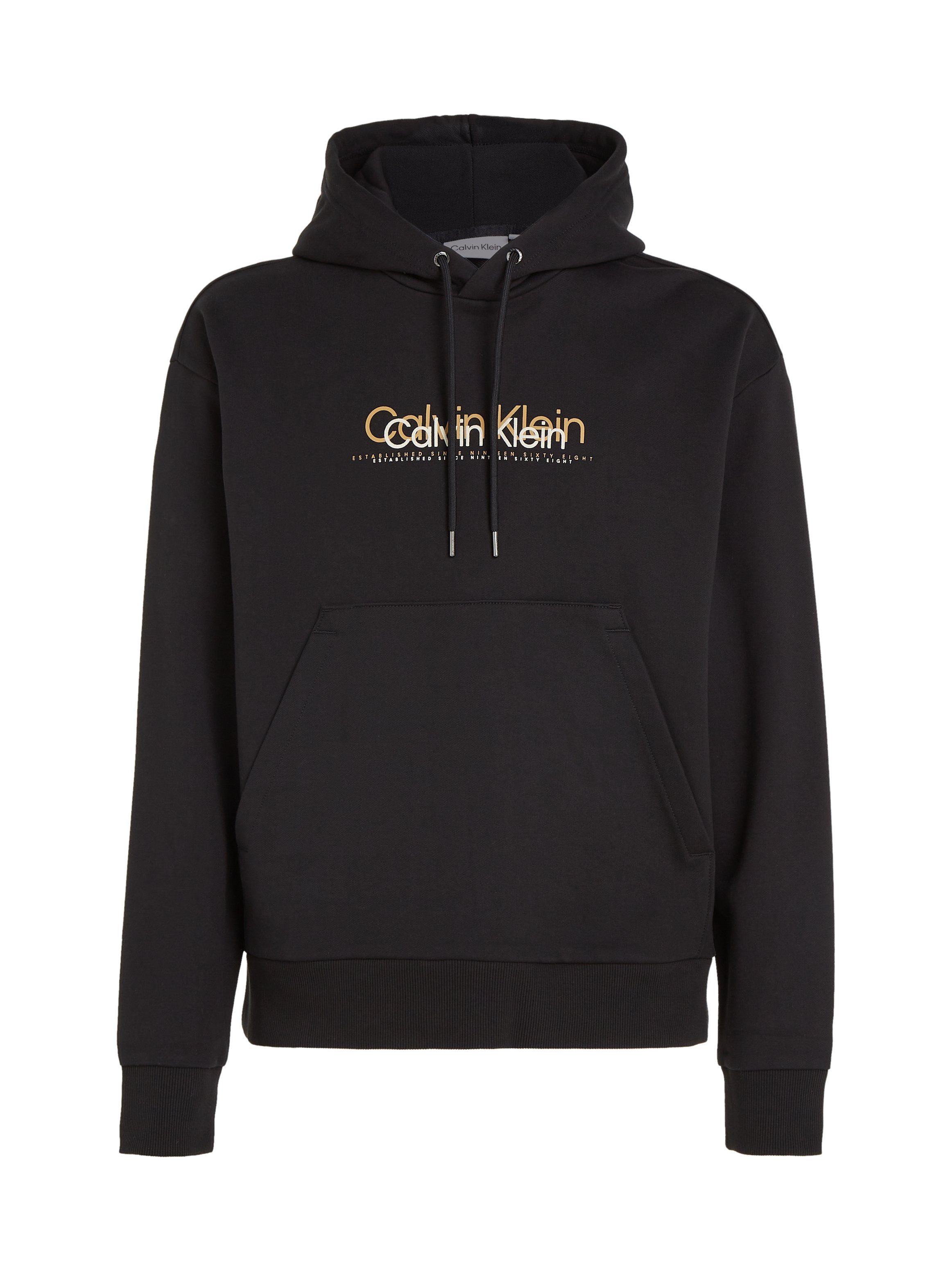 Calvin LOGO Kapuzensweatshirt Ck Klein mit FLOCK Black DOUBLE HOODIE Markenlabel