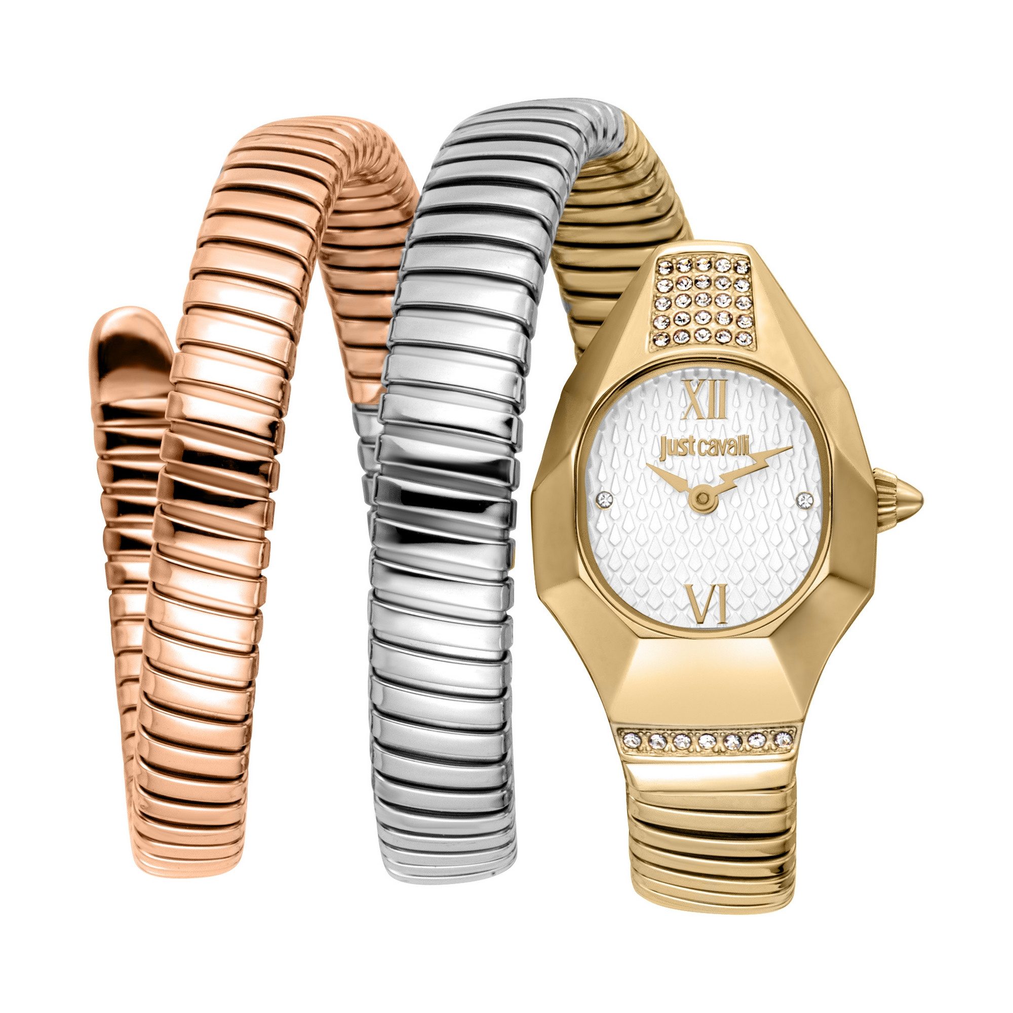 Just Cavalli Time Quarzuhr Signature Snake JC1L397M0095, Armbanduhr, Damenuhr, Edelstahlarmband, analog, Kristallsteine