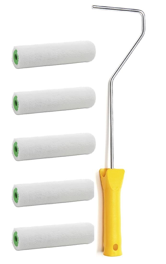 varivendo Lackroller Farbwalzen 5er Set 100mm Samt mit Bügel weiß (Set, 6-St., Mikrofaserwalzen und Farbrollenbügel), Malerwalze Farbroller Farbwalze Farbroller Streichrolle Malerrolle