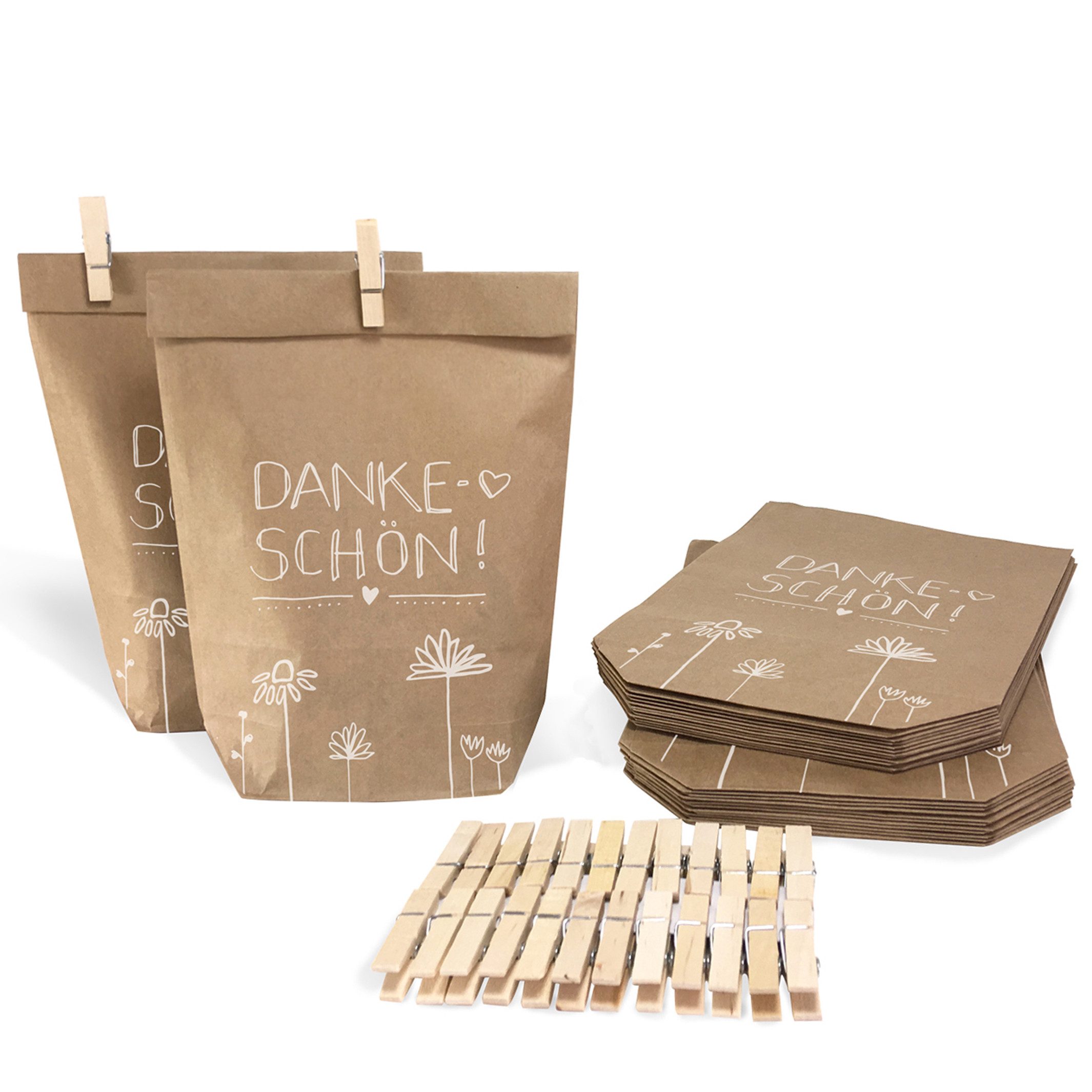 Eine der Guten Verlag Geschenkpapier Geschenktüten Set - Dankeschön, (24St), 24 bedruckte Kraftpapiertüten 14x22 cm & Holzklämmerchen, beige weiß