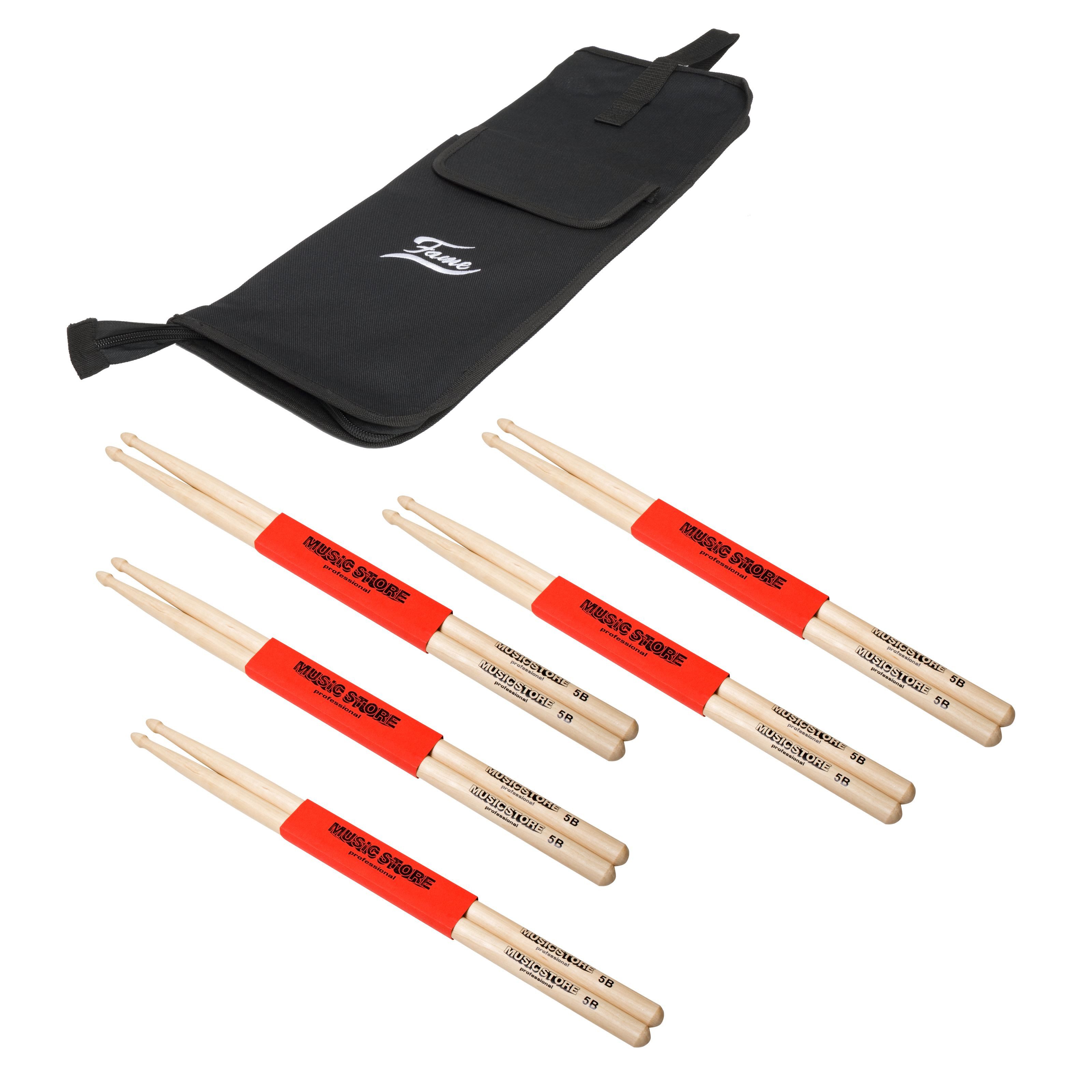 FAME Drumsticks (Drumstick Tasche StickBag mit 5 Hornbeam 5B Sticks Drumsticks Set, Sticks, Beater und Mallets, Stick Packs), Drumstick Tasche, StickBag, Hornbeam 5B Sticks