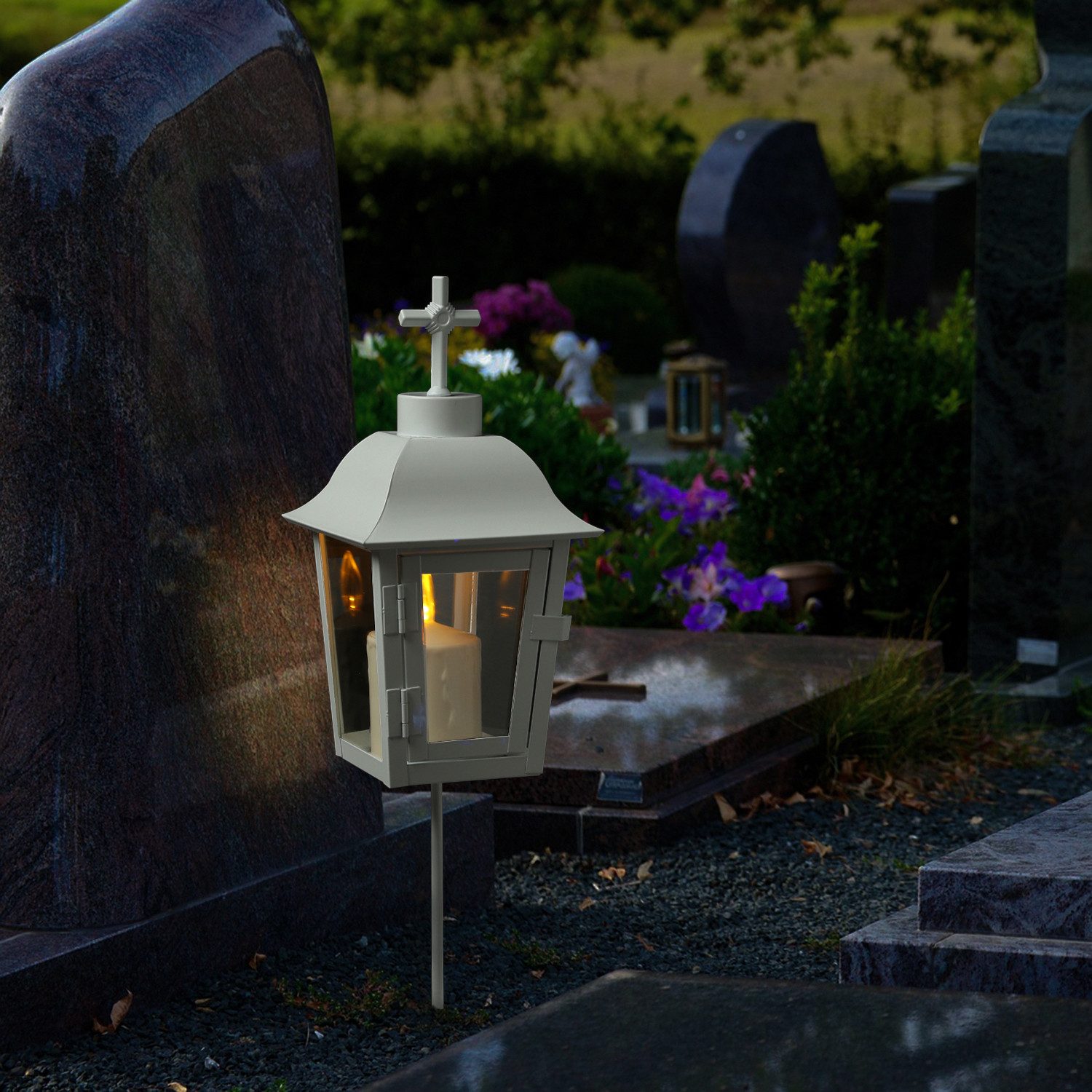 MARELIDA LED Laterne Grablaterne mit LED Kerze Grablicht wechselbare Spitzen Grablampe weiß, LED Classic, amber