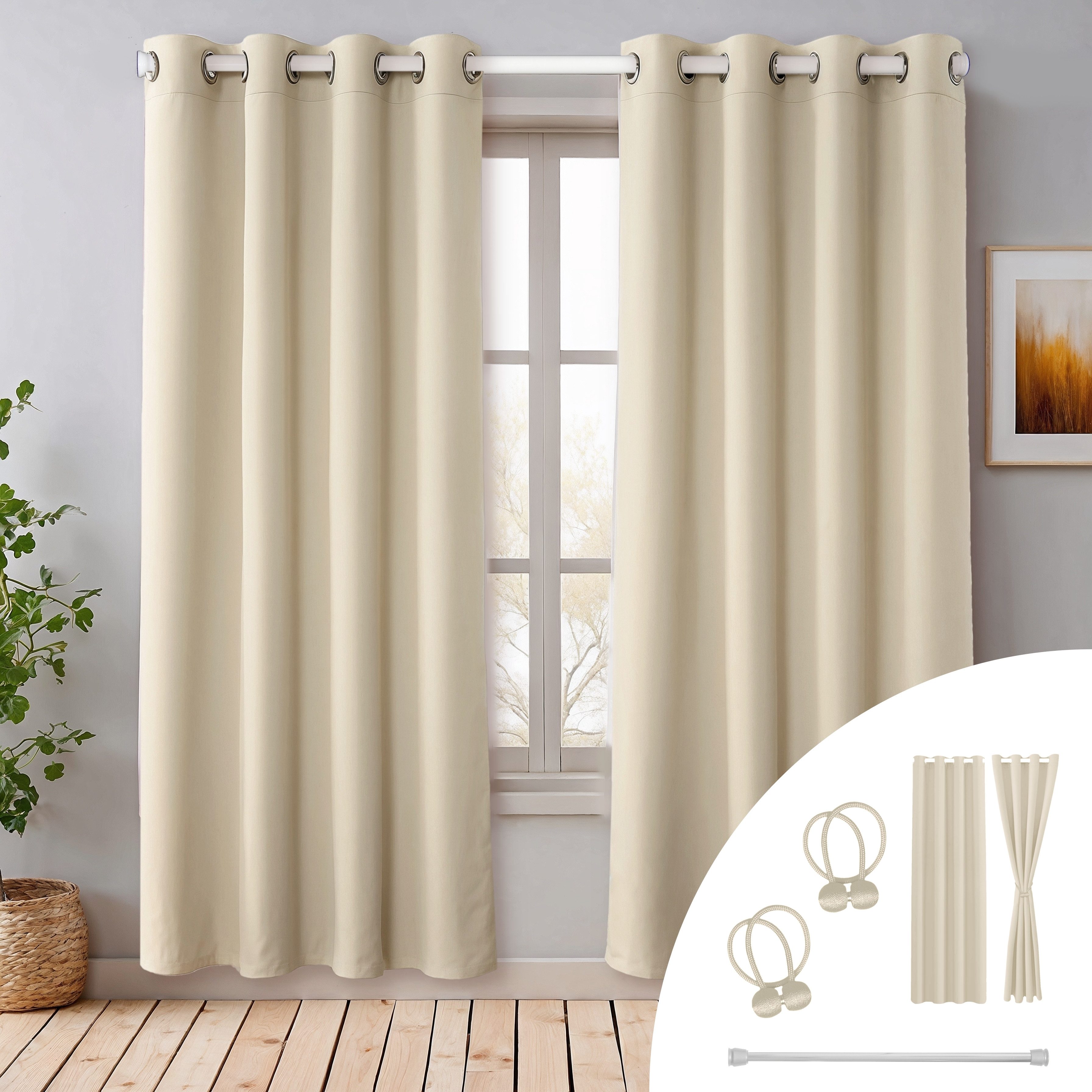 Cozyor Vorhang Set mit 2x Gardine + 2x Vorhanghalter + 1x Gardinenstange ohne Bohren (2 St), Ösen, verdunkelnd, Verdunklungsstoff, Raumteiler blickdicht, Thermovorhang 200x135cm inklusive Magnethaltern