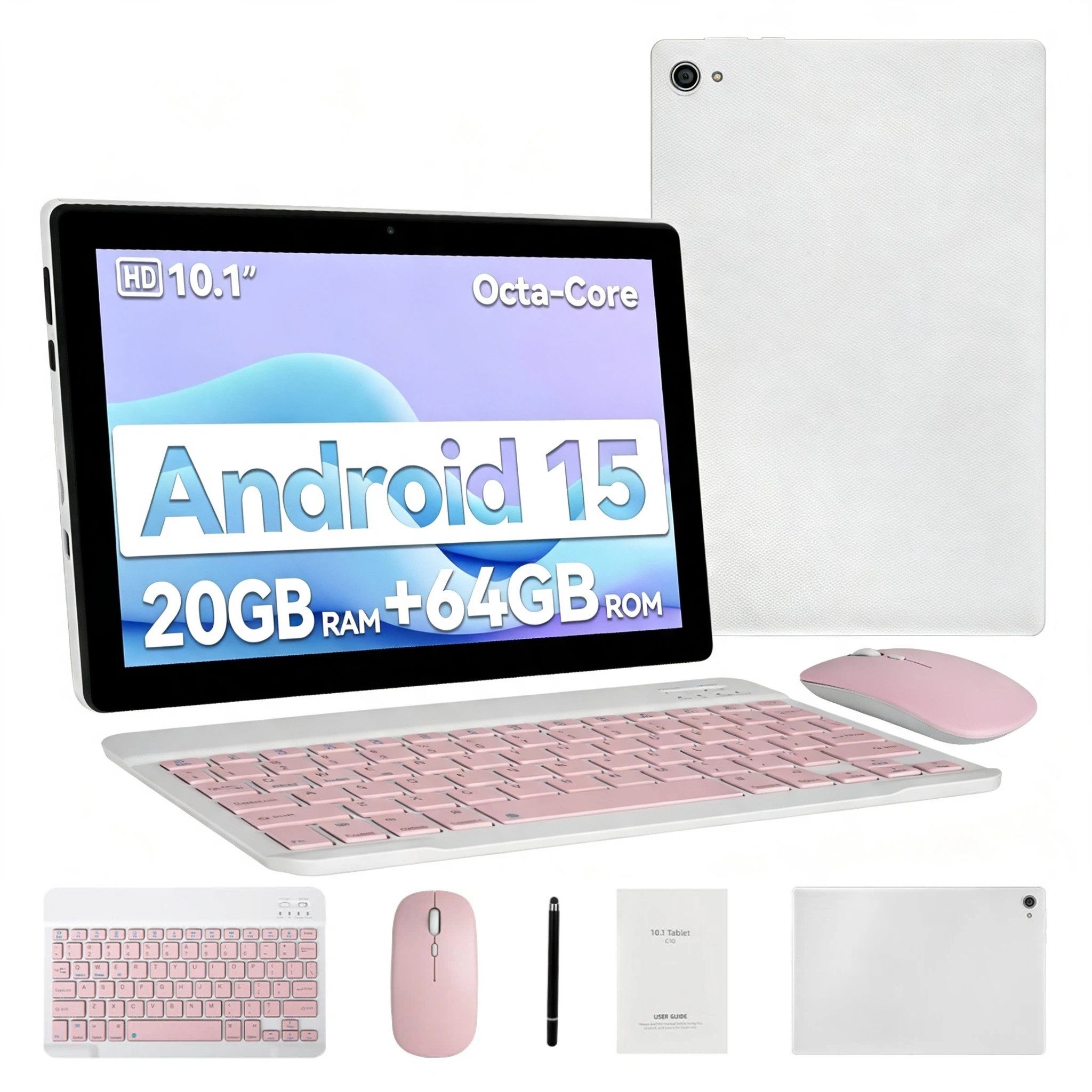 Happybe 10,1 Zoll 64GB, Android, HD 1280x800, mit Tastatur, Maus und Stylus Tablet (10", 64 GB, Android 15, WiFi6, 20(3+17)GB RAM, Widevine L1, Octa-Core)