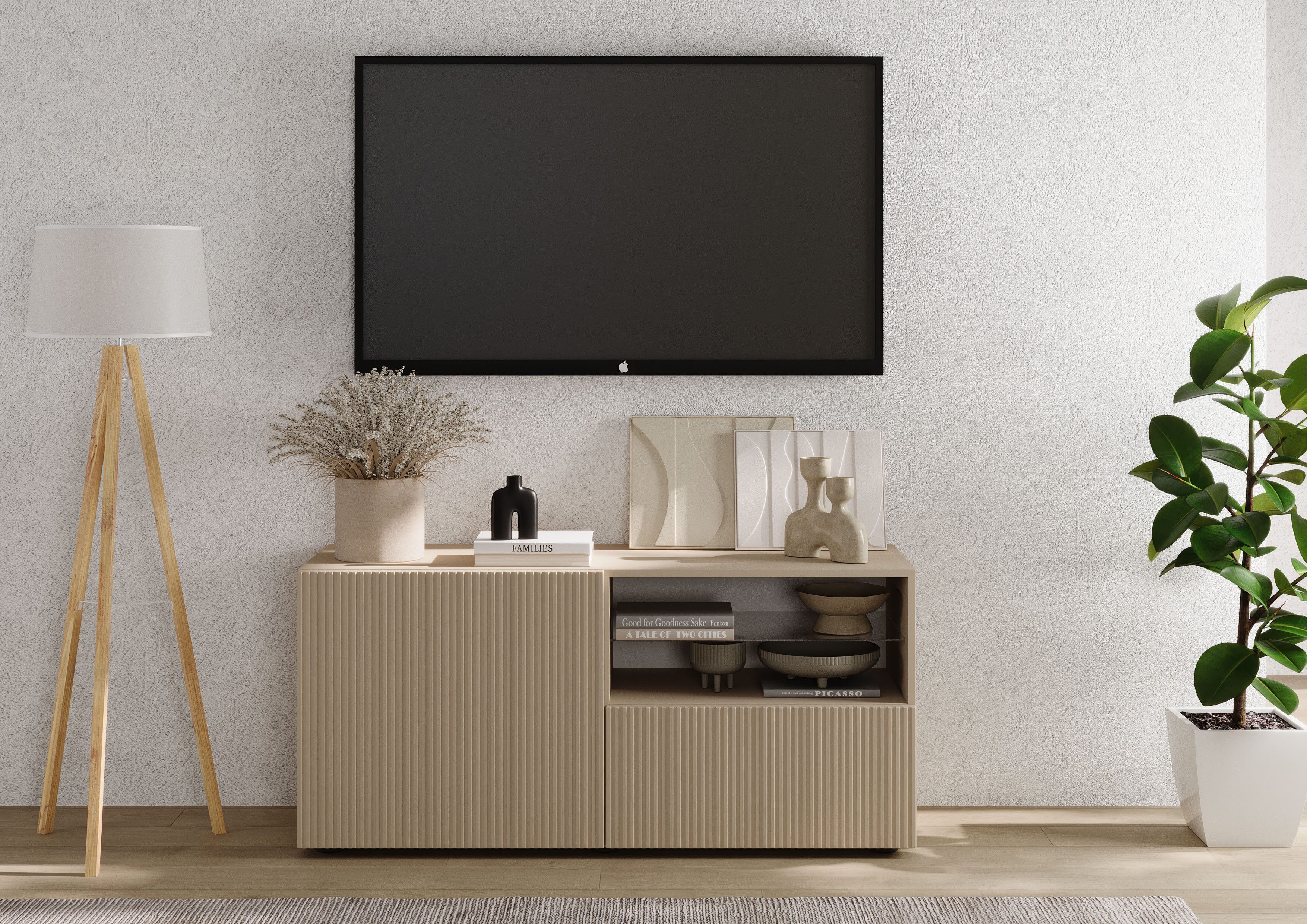 Home affaire Lowboard Rio Breite 120 cm, TV-Board 1 Tür u. 1 Schubkasten, TV-Schrank, geriffelte MDF-Fronten, modern u. elegant, Kabelführung, platzsparend