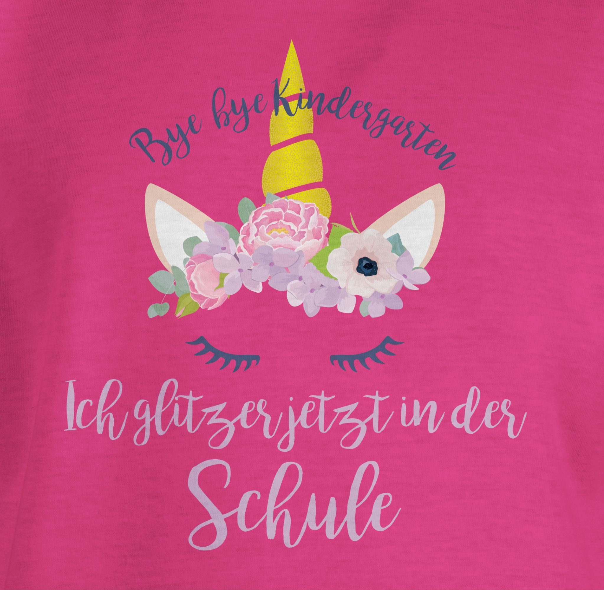 glitzer ich jetzt Bye Kindergarten Blumen T-Shirt 2 Fuchsia Einschulung der in Bye Shirtracer Mädchen Schule