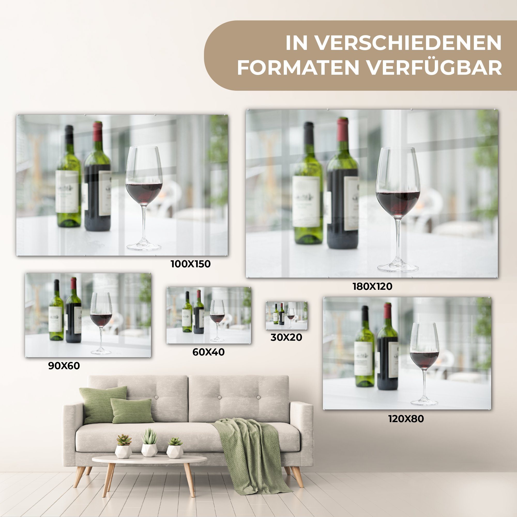 MuchoWow Acrylglasbild Wohnzimmer ein und Acrylglasbilder (1 Flaschen & Rotwein, Glas St), Rotwein Zwei Schlafzimmer