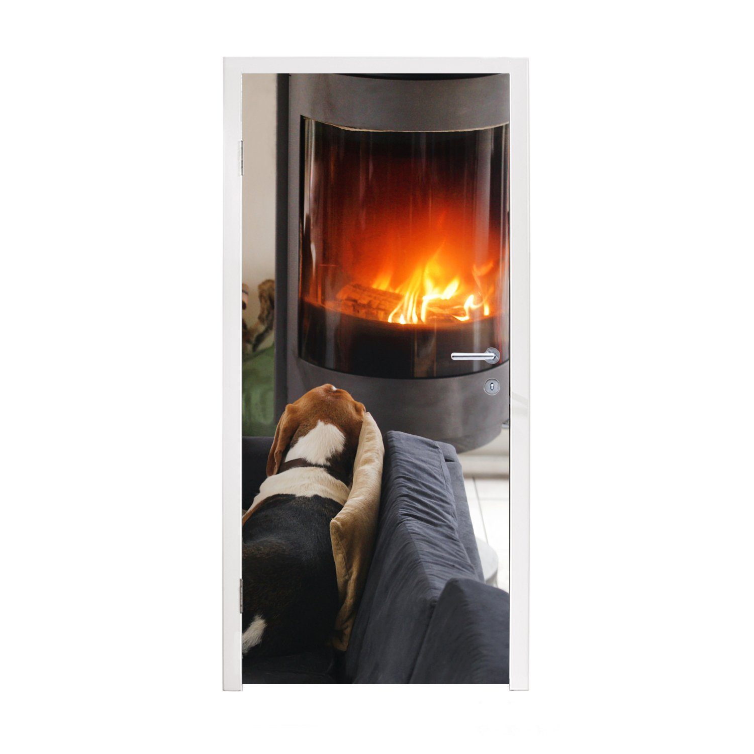 MuchoWow Türtapete Hund schaut auf eine Feuerstelle, Matt, bedruckt, (1 St), Fototapete für Tür, Türaufkleber, 75x205 cm