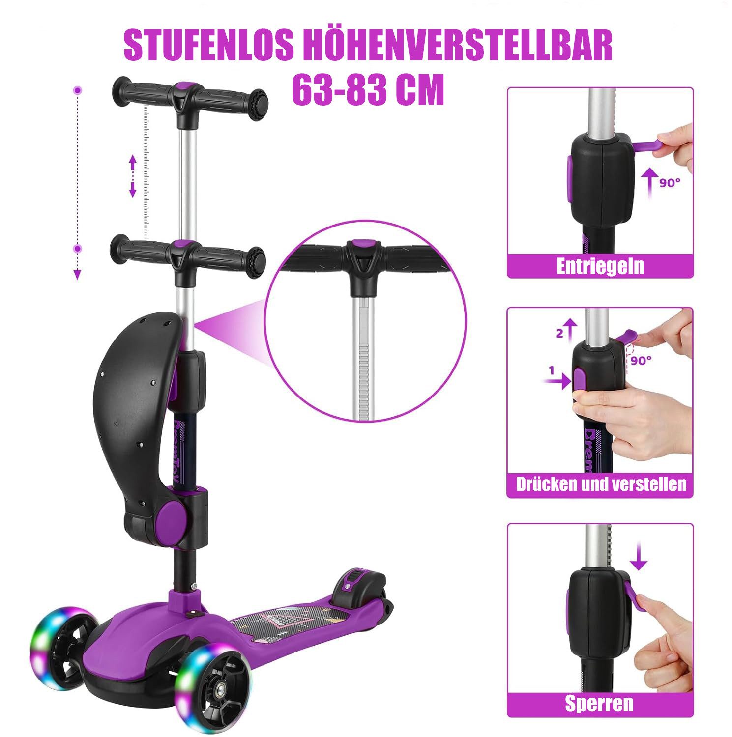BremToy Dreiradscooter Kinderroller Tretroller Faltbarer Scooter 1-14 Jahre