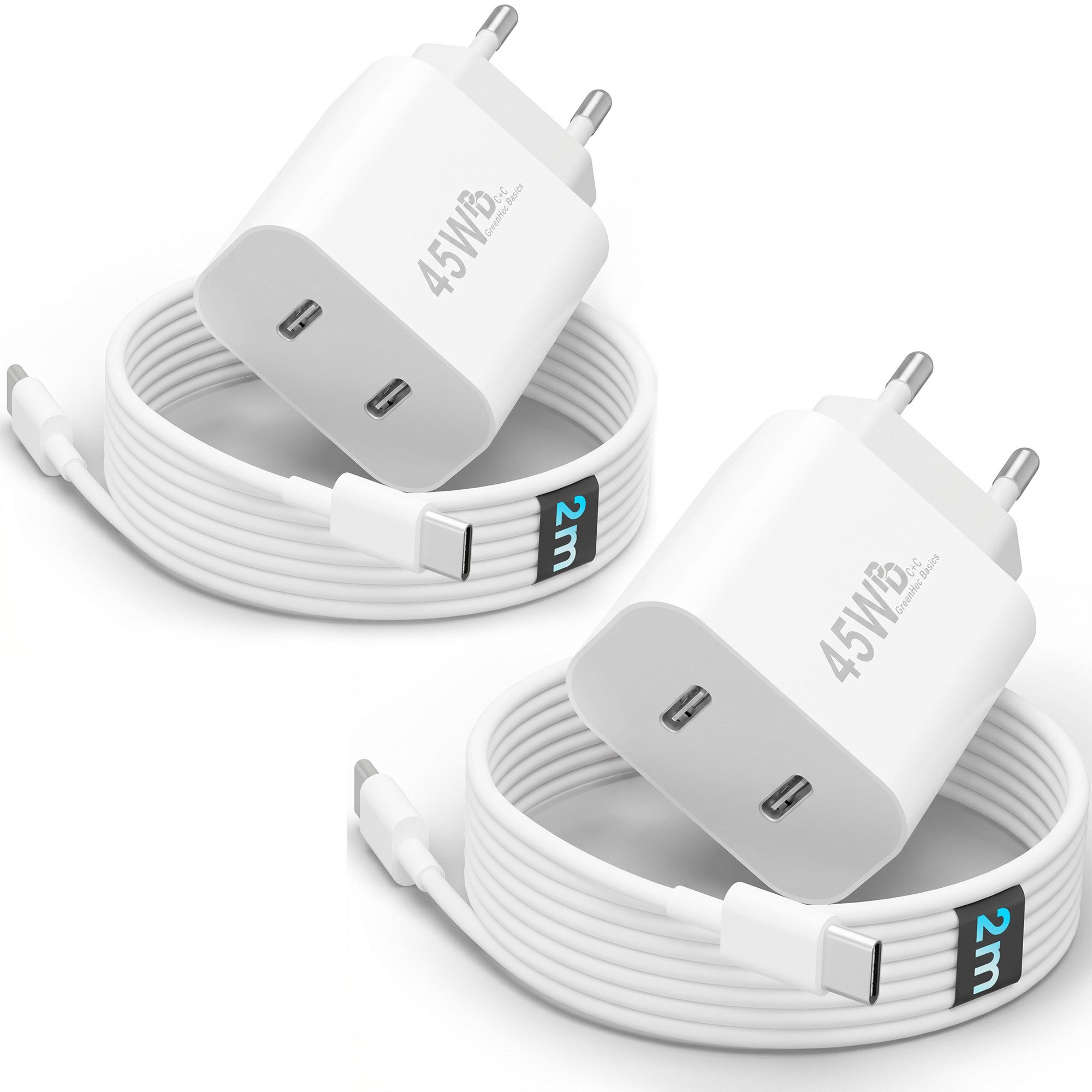 GreenHec USB C Schnellladegerät 45w Samsung Galaxy S26 S25 S24 S23 S22 S21 Fast Schnelllade-Gerät (Spar-Set, 45w USB-C Dual Charger (2er Pack) + 2m Kabel (2er Pack), S26+ Ultra FE Ladegeräte USBC Handy Charger Netzteil Adapter Zubehör)