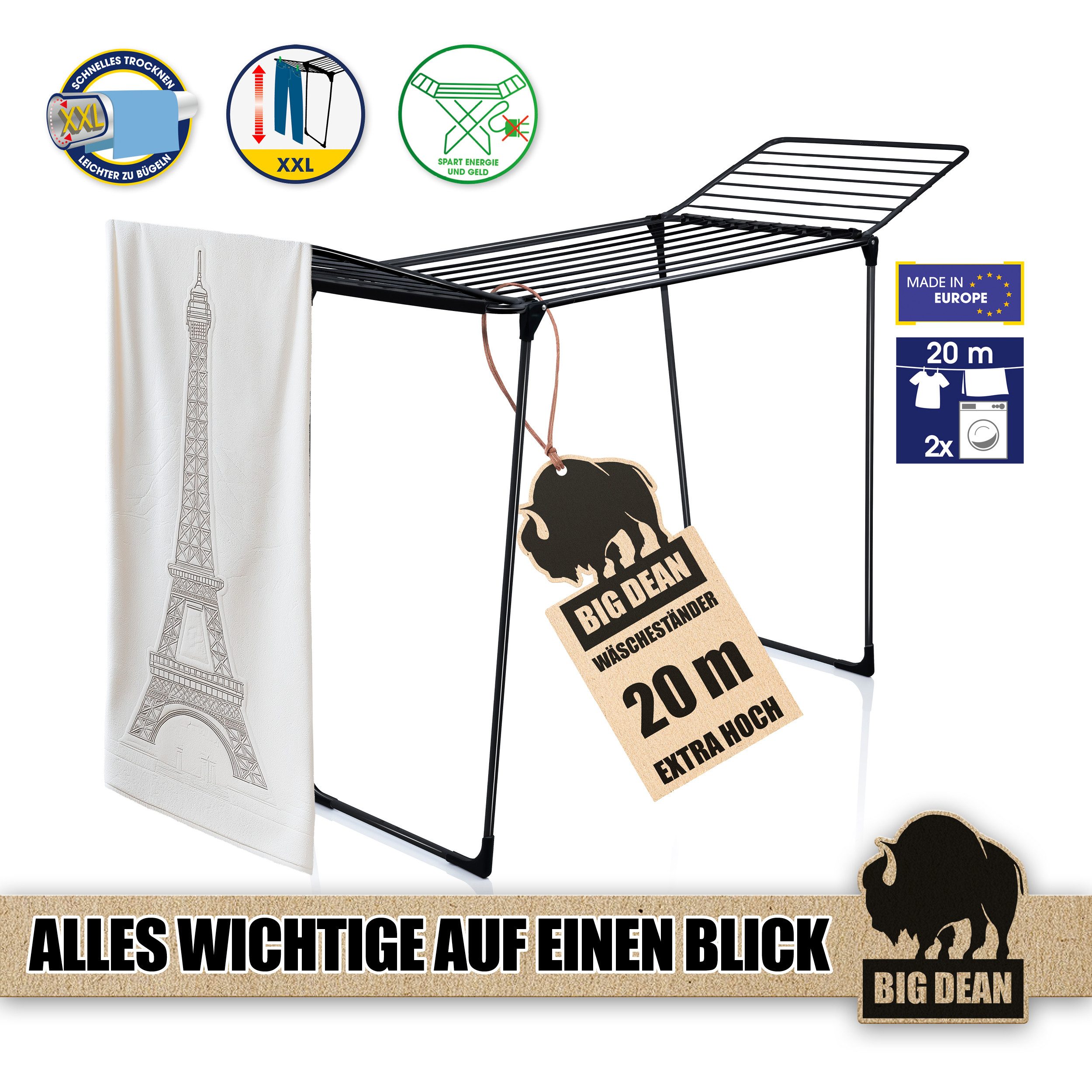 BigDean Wäscheständer Wäschetrockner 20m extra hoch & dicke Leinen Made in Europe, 20m Trockenleine, 15kg Tragkraft, Extra dicke leinen – Bild 4 von 5