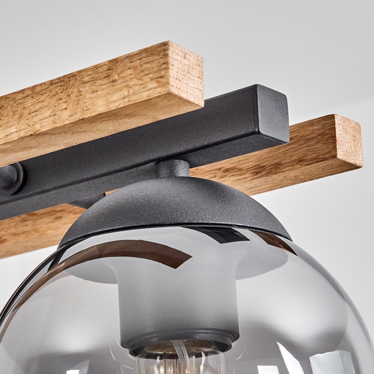 hofstein Pendelleuchte Hängelampe aus Metall/Holz/Glas in Schwarz/Natur/Rauchfarben, ohne Leuchtmittel, Hängeleuchte m. Glasschirmen (15cm), Höhe max. 120cm, 4x E27